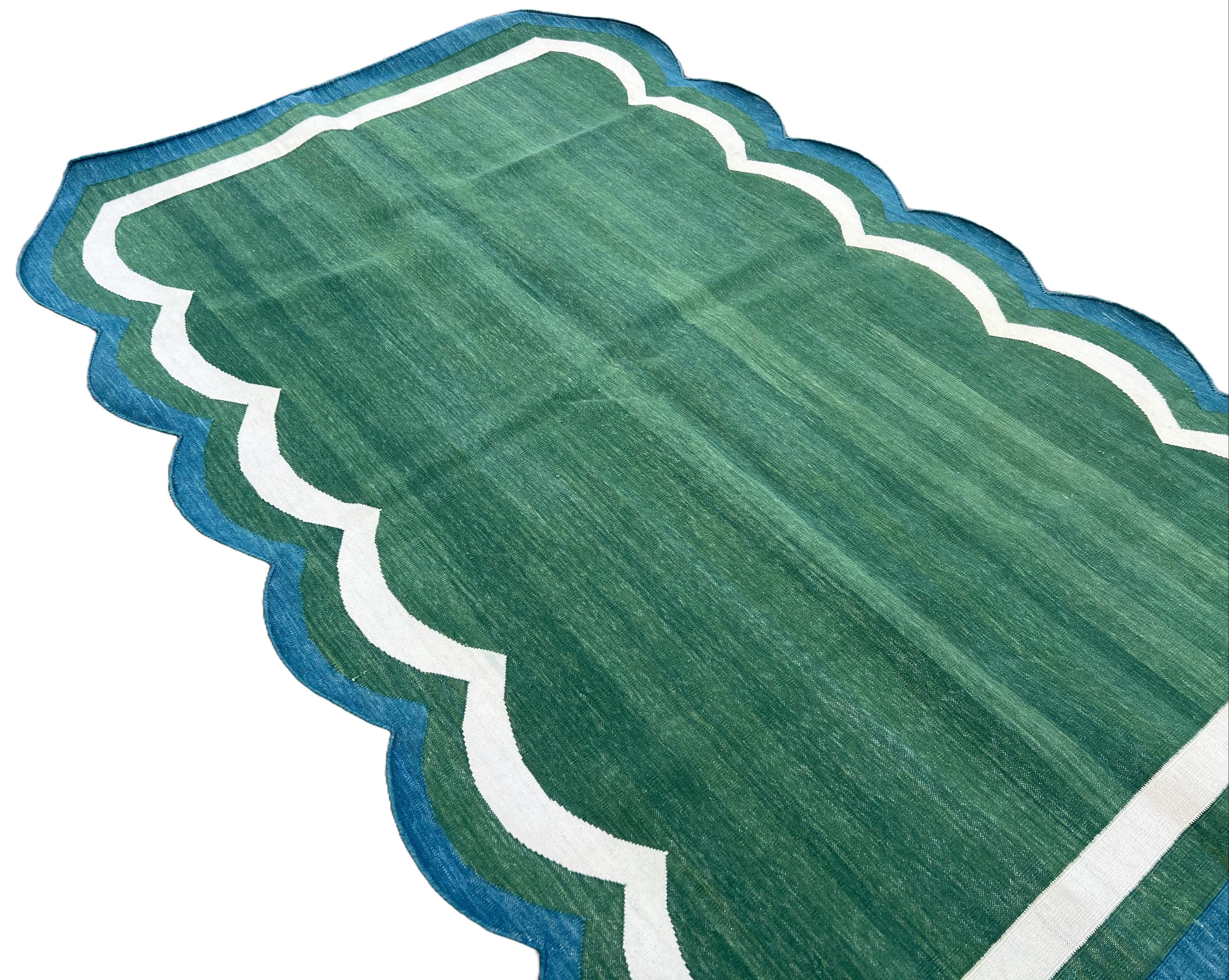 Handmade Cotton Area Flat Weave Rug, Green & Teal Blue Scalloped Indian Dhurrie For Sale 3