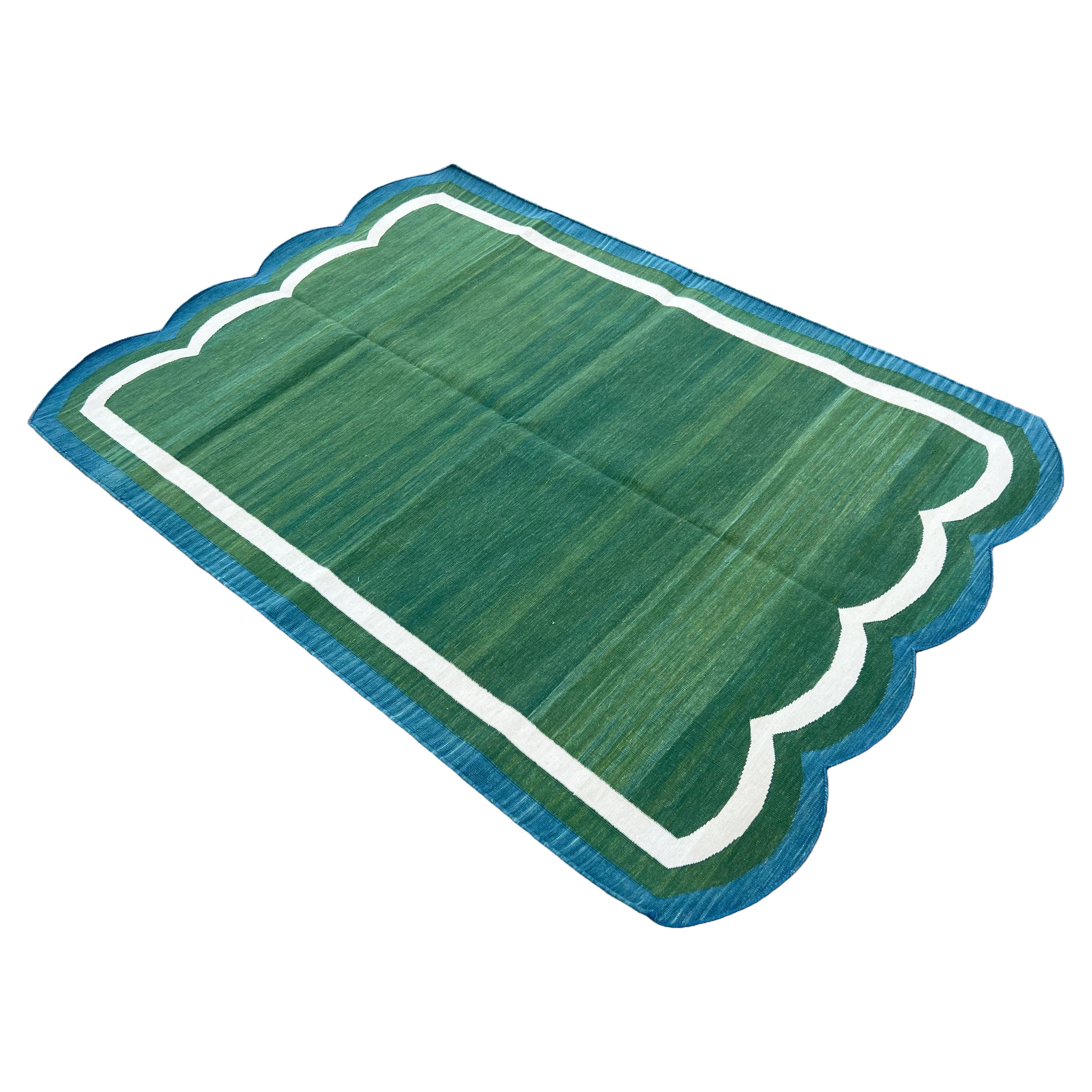 Handmade Cotton Area Flat Weave Rug, Green & Teal Blue Scalloped Indian Dhurrie For Sale