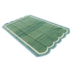 Handgefertigter Flachgewebe-Teppich aus Baumwolle, Grün & Teal Blau mit Wellenschliff, indischer Dhurrie