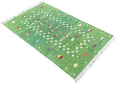 Handmade Cotton Area Flat Weave Rug, 3x5 Green Shooting Star Indian Dhurrie Rug