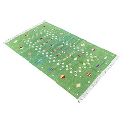 Handgefertigter Flachgewebe-Teppich aus Baumwolle, 3x5 Grüner schwebender, sternförmiger, indischer Dhurrie-Teppich