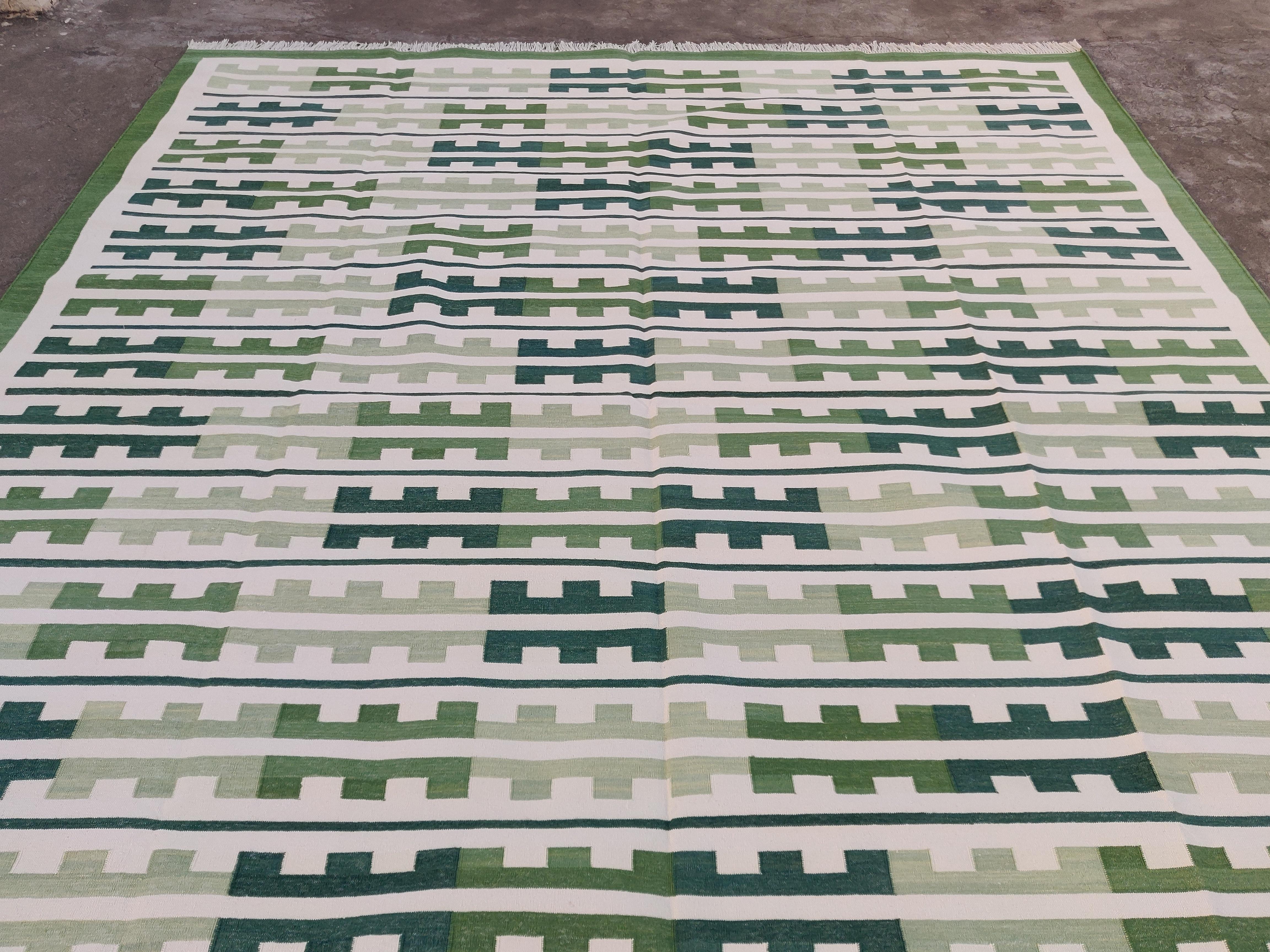 Handmade Cotton Area Flat Weave Rug, Green, White Marianne Indian Stripe Dhurrie For Sale 5