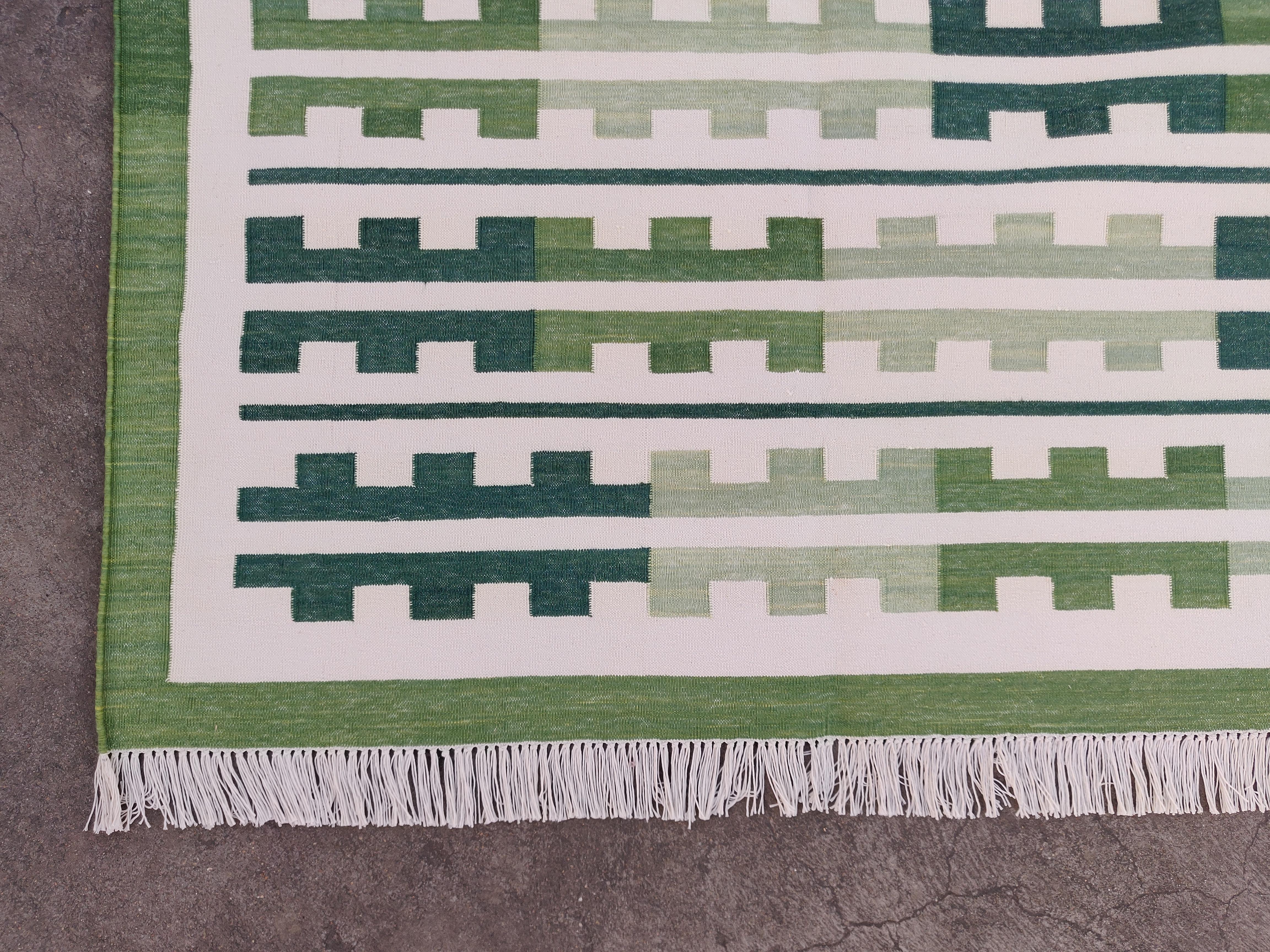 Handmade Cotton Area Flat Weave Rug, Green, White Marianne Indian Stripe Dhurrie For Sale 6