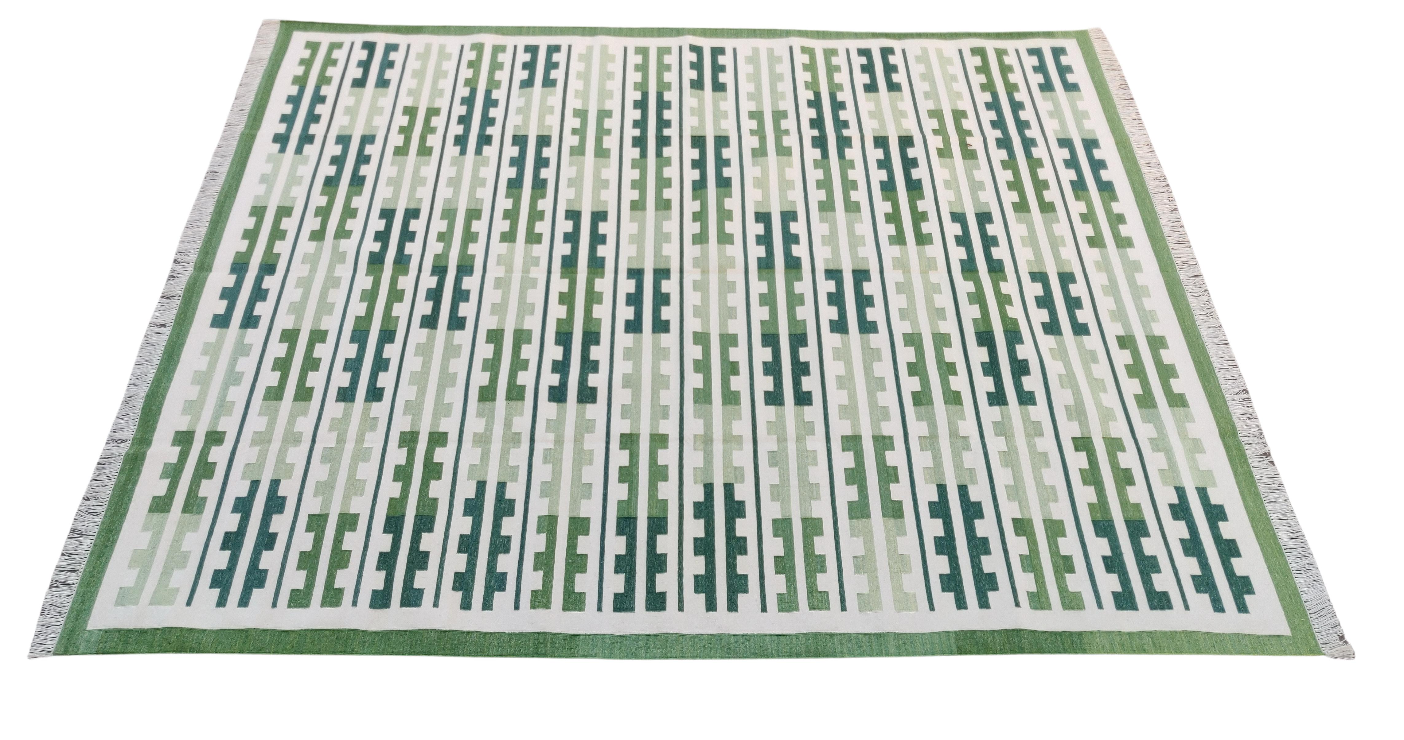 Mid-Century Modern Handmade Cotton Area Flat Weave Rug, Green, White Marianne Indian Stripe Dhurrie For Sale