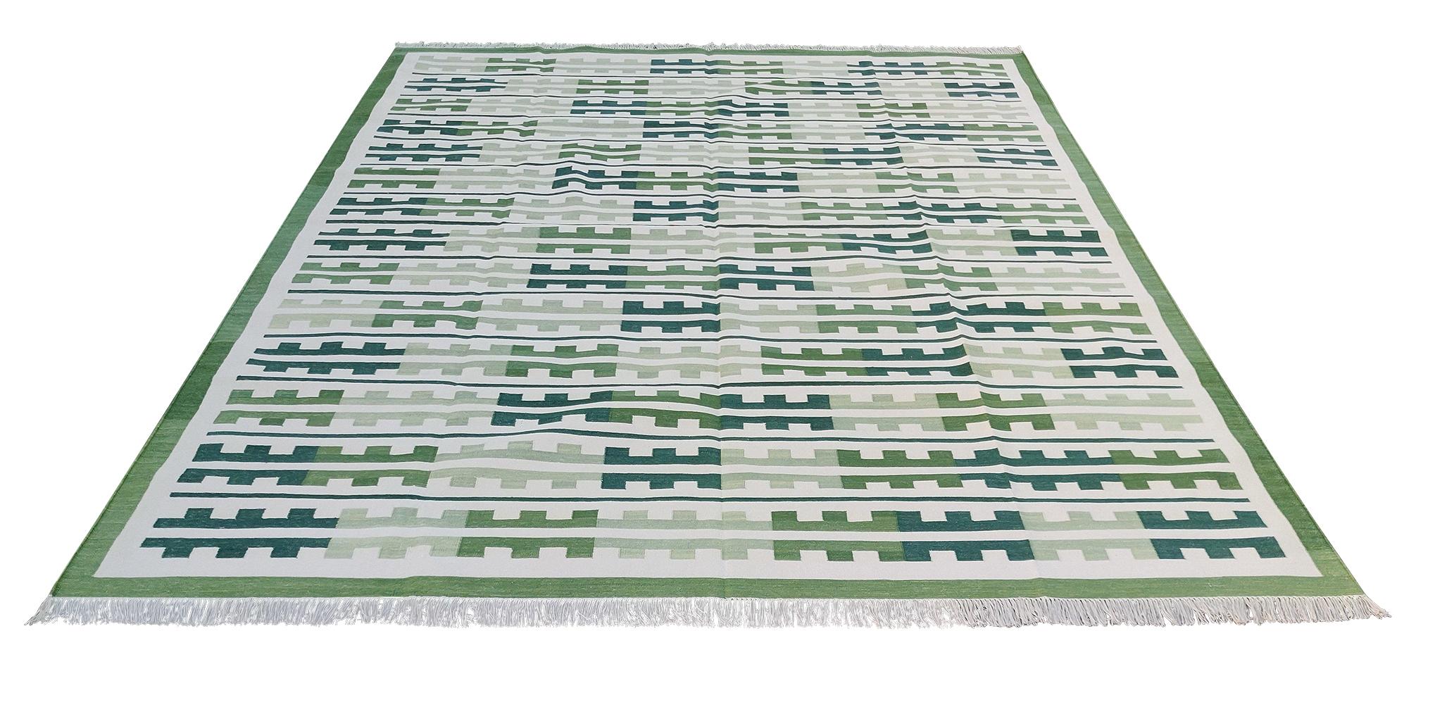 Hand-Woven Handmade Cotton Area Flat Weave Rug, Green, White Marianne Indian Stripe Dhurrie For Sale