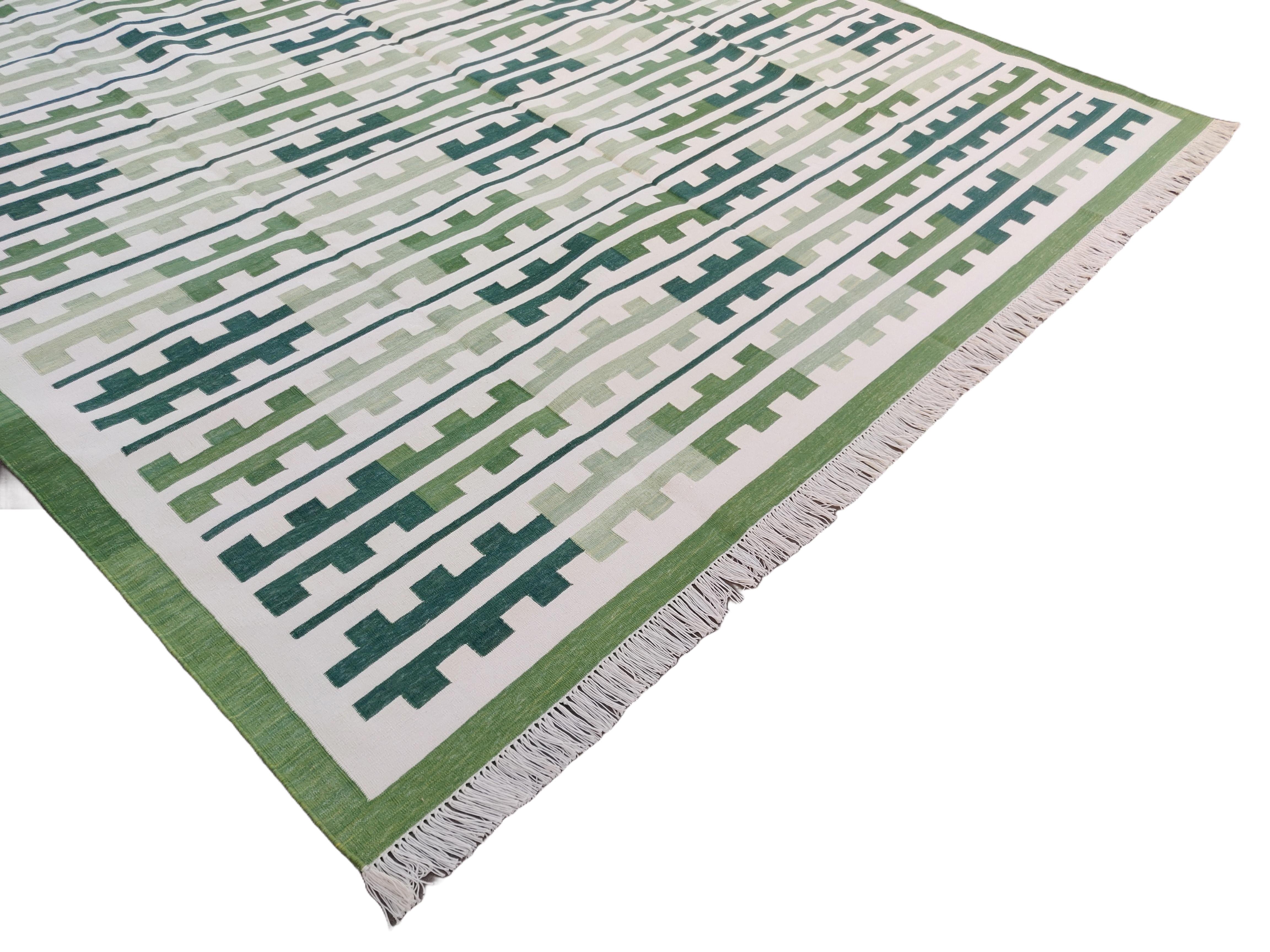 Handmade Cotton Area Flat Weave Rug, Green, White Marianne Indian Stripe Dhurrie In New Condition For Sale In Jaipur, IN