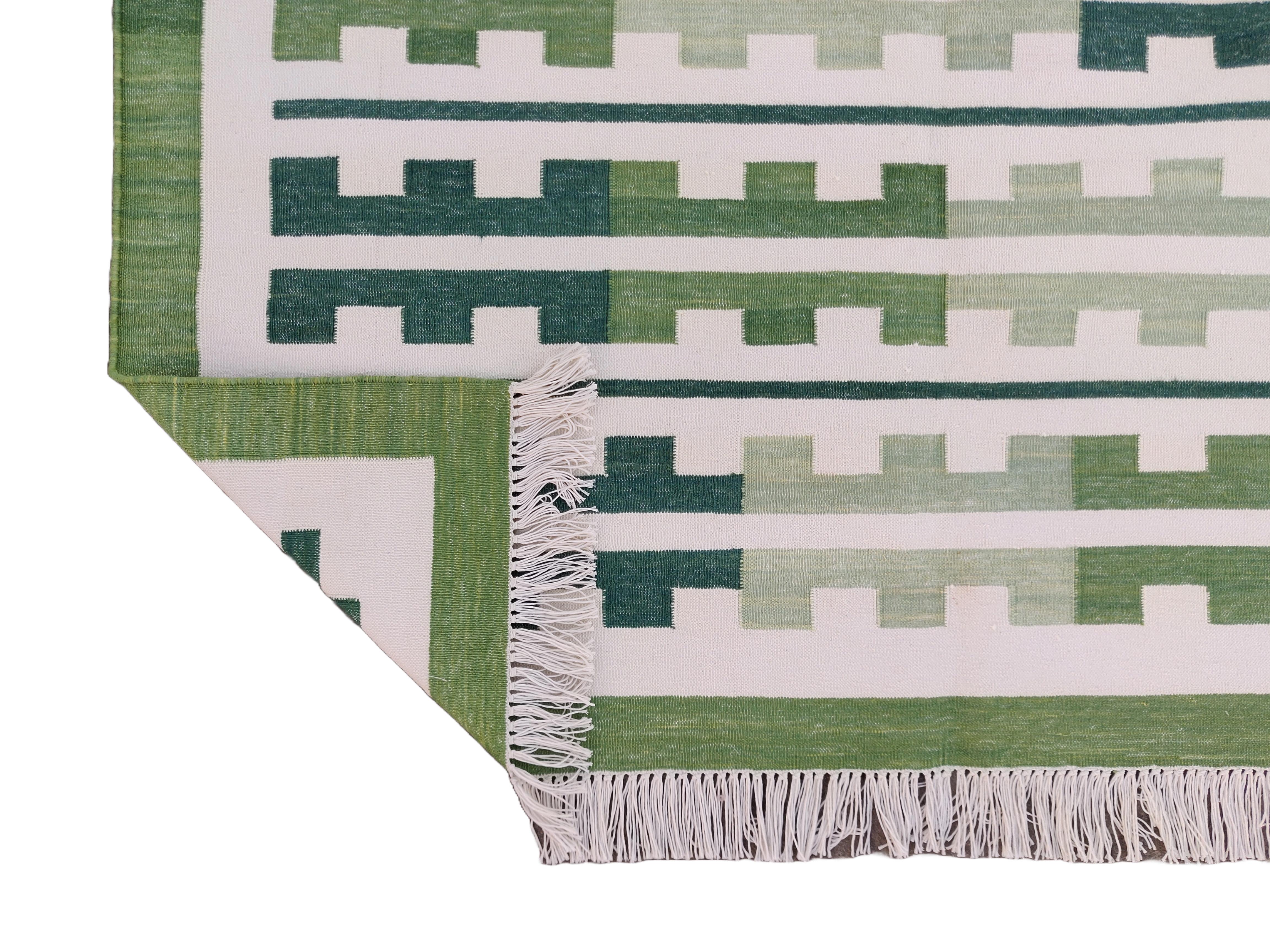 Contemporary Handmade Cotton Area Flat Weave Rug, Green, White Marianne Indian Stripe Dhurrie For Sale