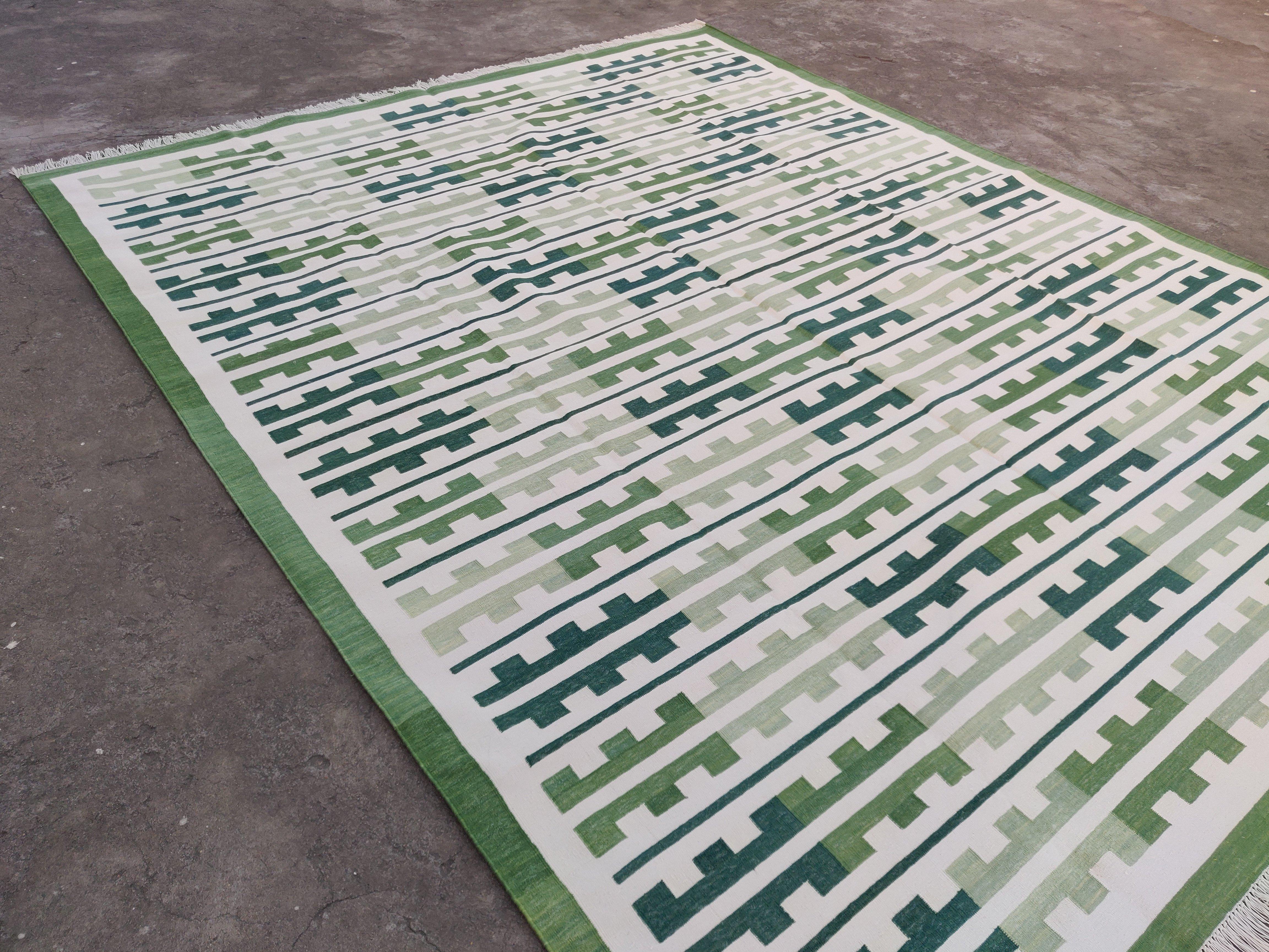 Handmade Cotton Area Flat Weave Rug, Green, White Marianne Indian Stripe Dhurrie For Sale 3