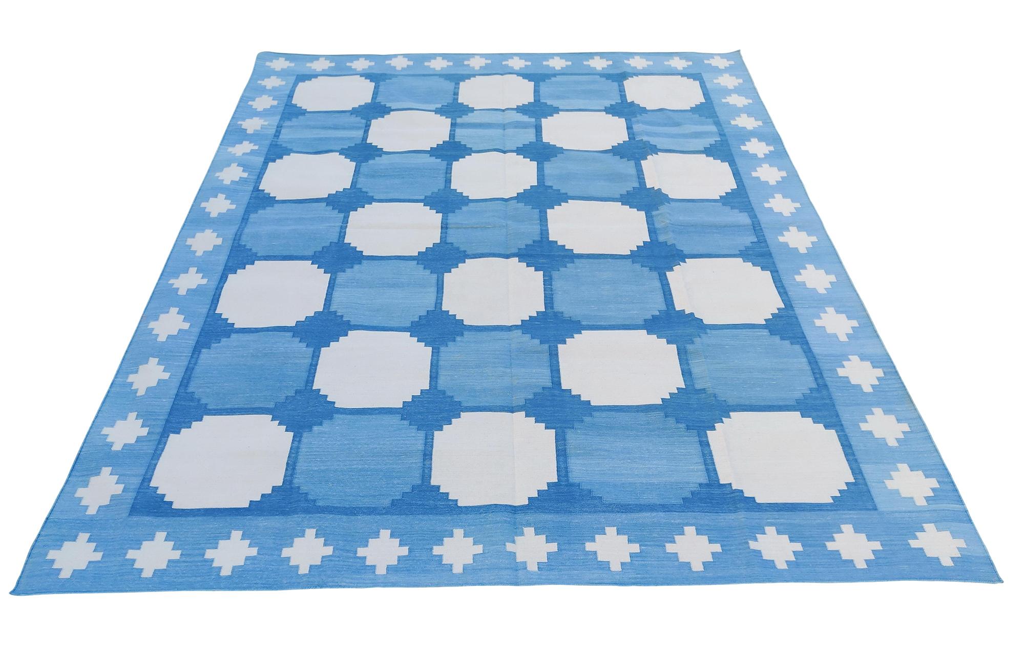 Cotton Natural Vegetable Dyed, Sky Blue And Cream Tile Patterned Indian Rug-8'x10'

These special flat-weave dhurries are hand-woven with 15 ply 100% cotton yarn. Due to the special manufacturing techniques used to create our rugs, the size and