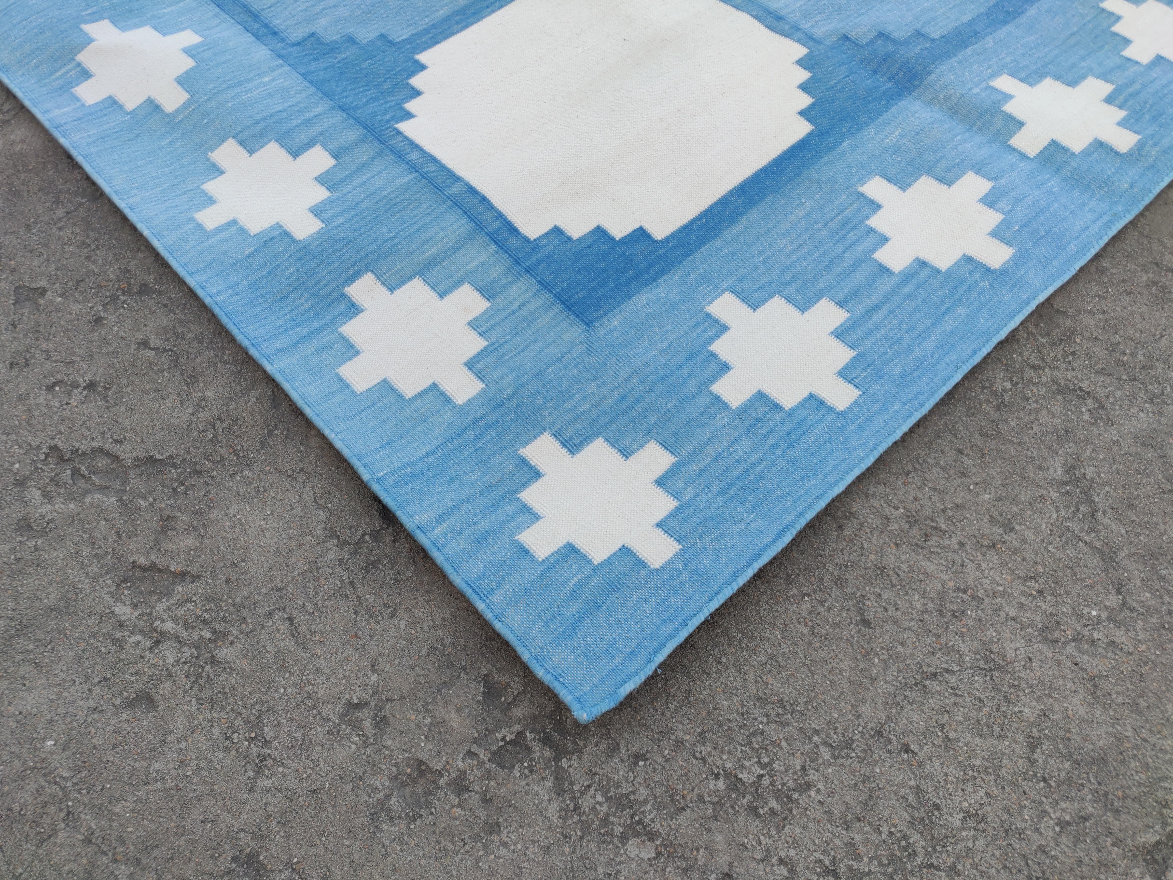 Hand-Woven Handmade Cotton Flat Weave Rug, 8x10 Blue And White Tile Pattern Indian Dhurrie For Sale