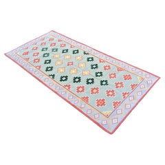 Handgefertigter Flachgewebe-Teppich aus Baumwolle, grau und rot, geometrischer Stern, indisch Dhurrie, Dhurrie