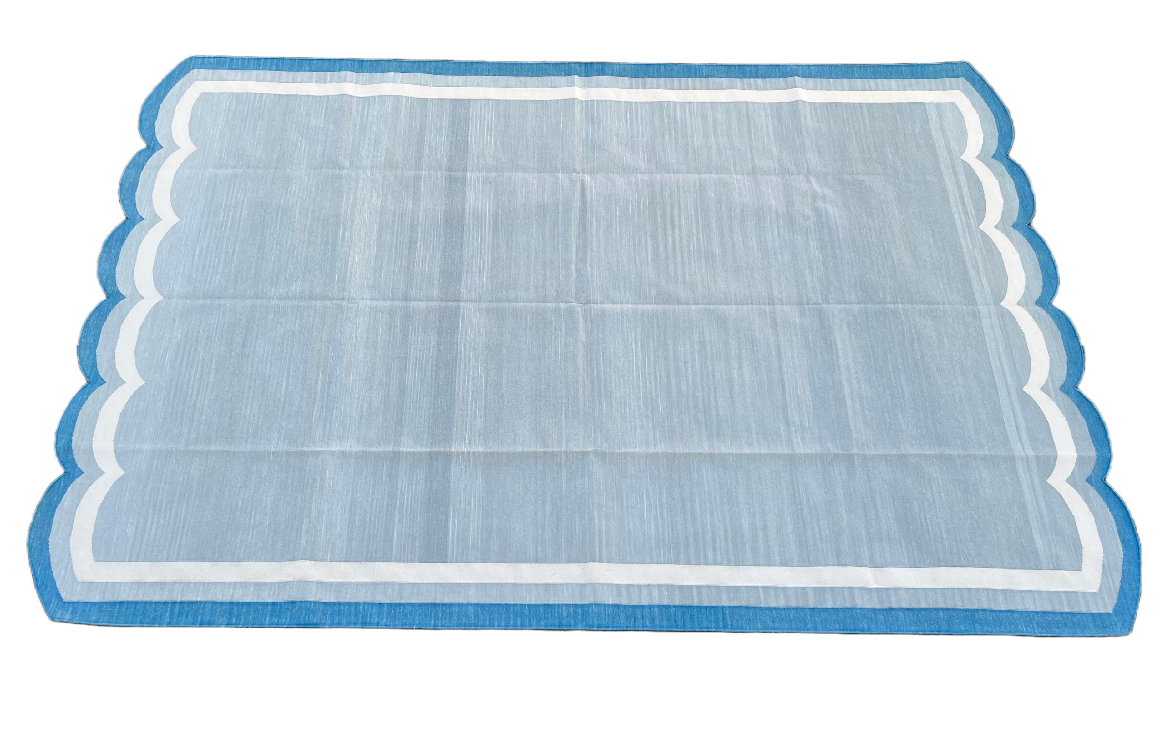 Handmade Cotton Area Flat Weave Rug, Grey And Teal Blue Scalloped Indian Dhurrie For Sale 1