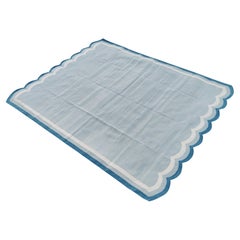 Handgefertigter Flachgewebe-Teppich aus Baumwolle, grau und Tealblau mit Wellenschliff, indischer Dhurrie