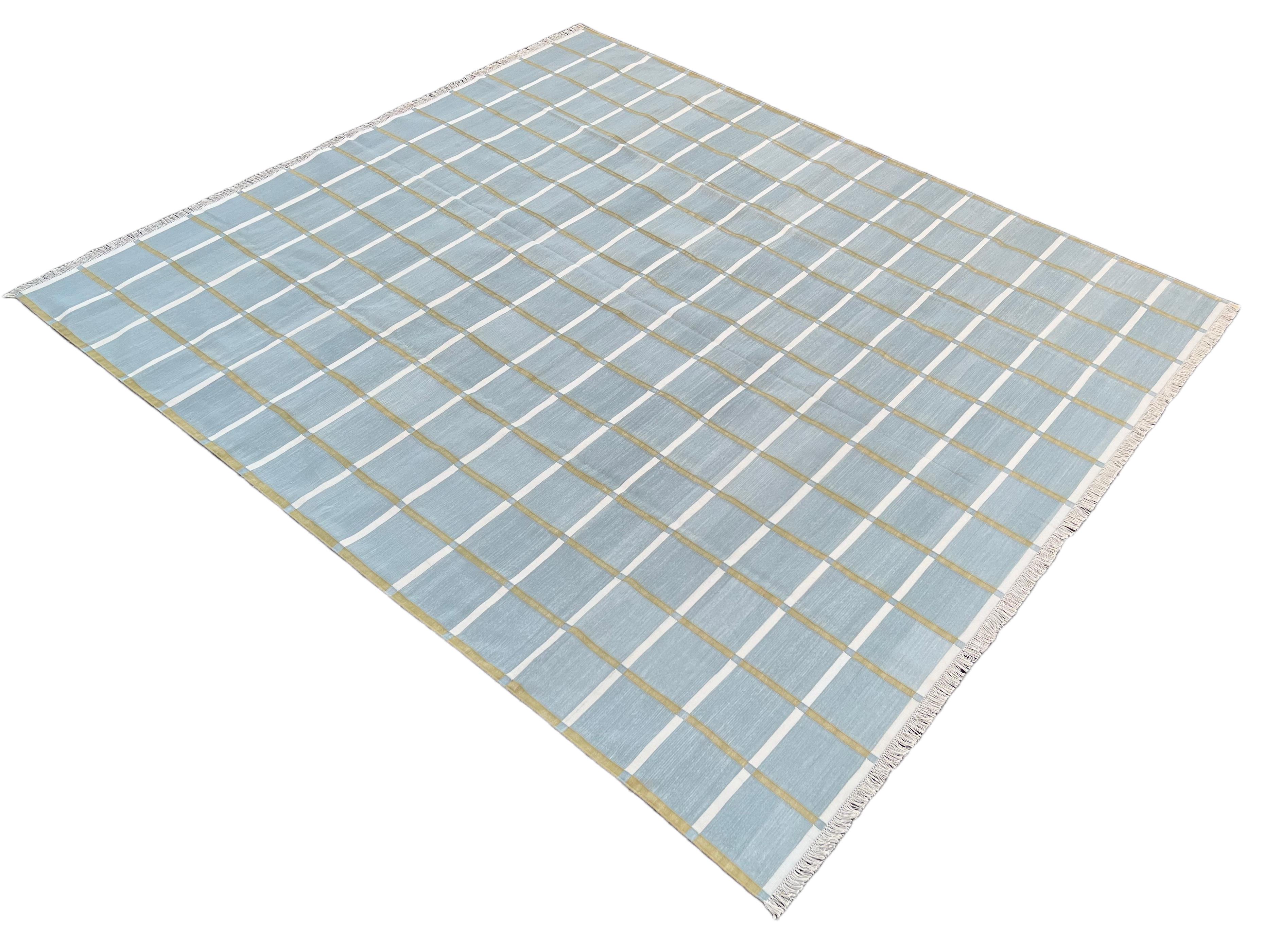 Cotton Vegetable Dyed Area Rug, Grey, Cream And Olive Green Windowpane Checked Indian Rug-5'x8'
These special flat-weave dhurries are hand-woven with 15 ply 100% cotton yarn. Due to the special manufacturing techniques used to create our rugs, the