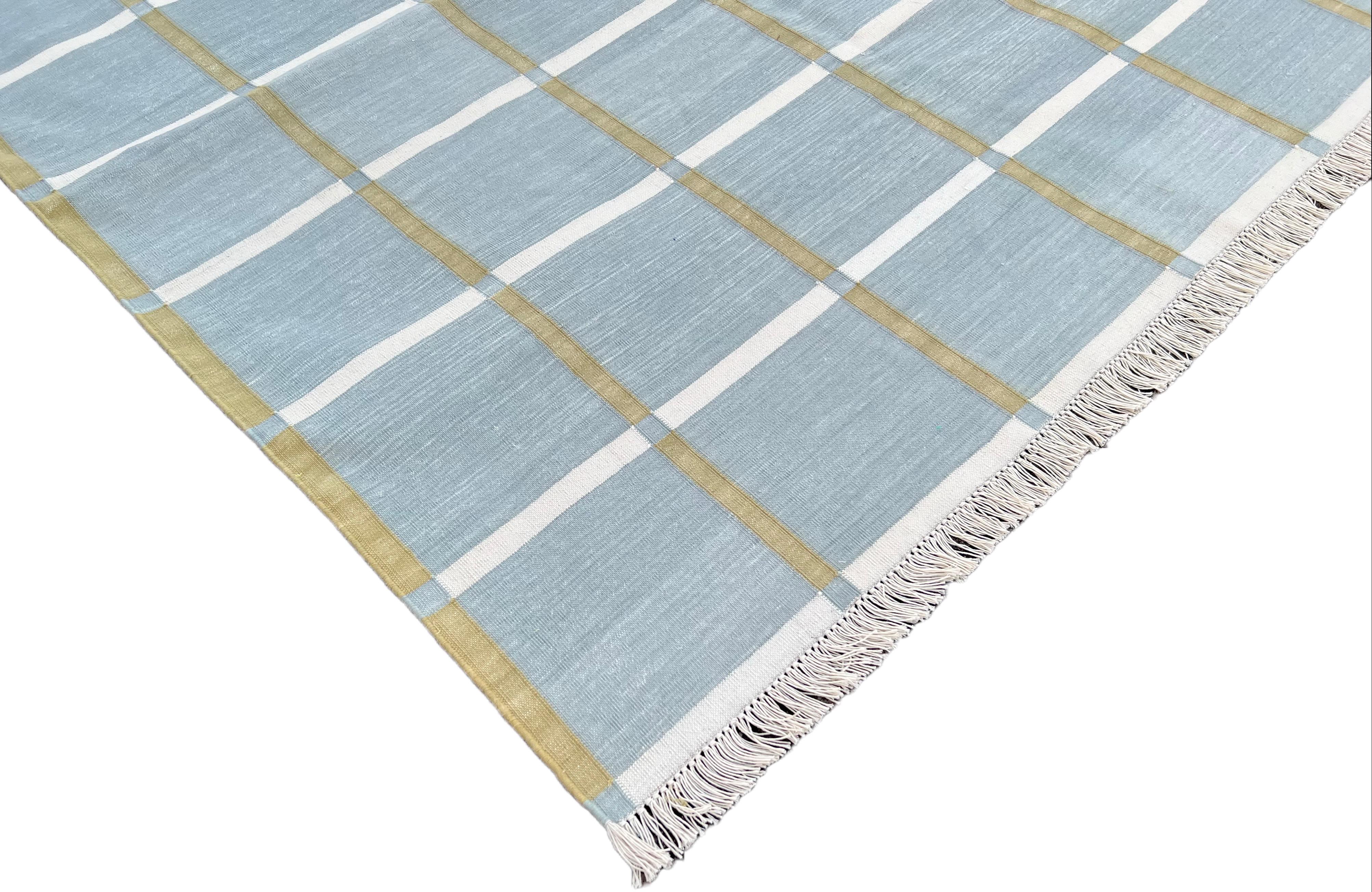 Handmade Cotton Area Flat Weave Rug, Grey & Green Windowpane Indian Dhurrie Rug For Sale 1
