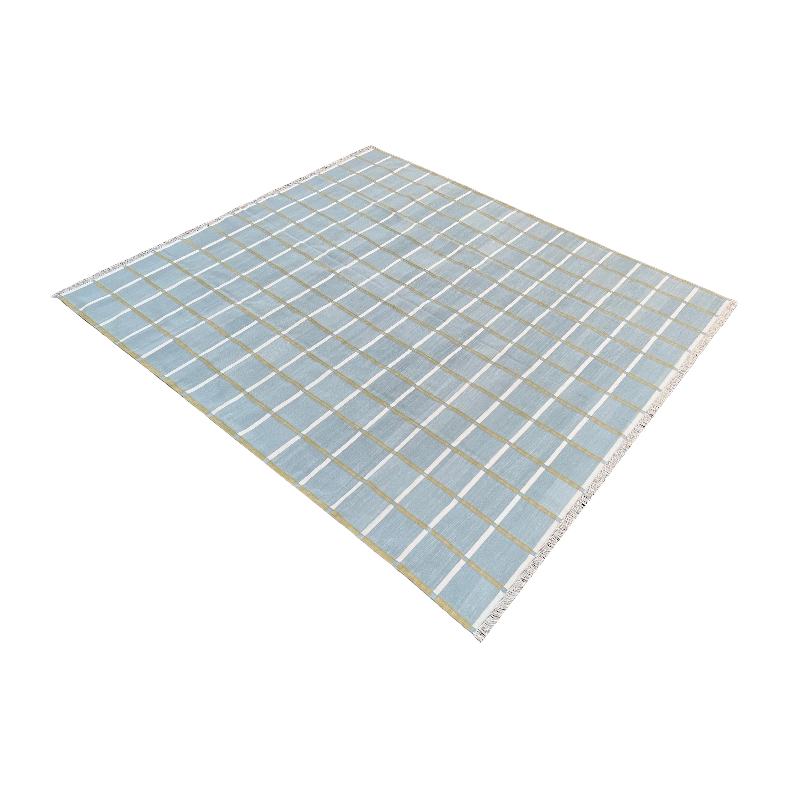 Handgefertigter Flachgewebe-Teppich aus Baumwolle, grauer und grüner Windowpane-Teppich, indischer Dhurrie-Teppich im Angebot