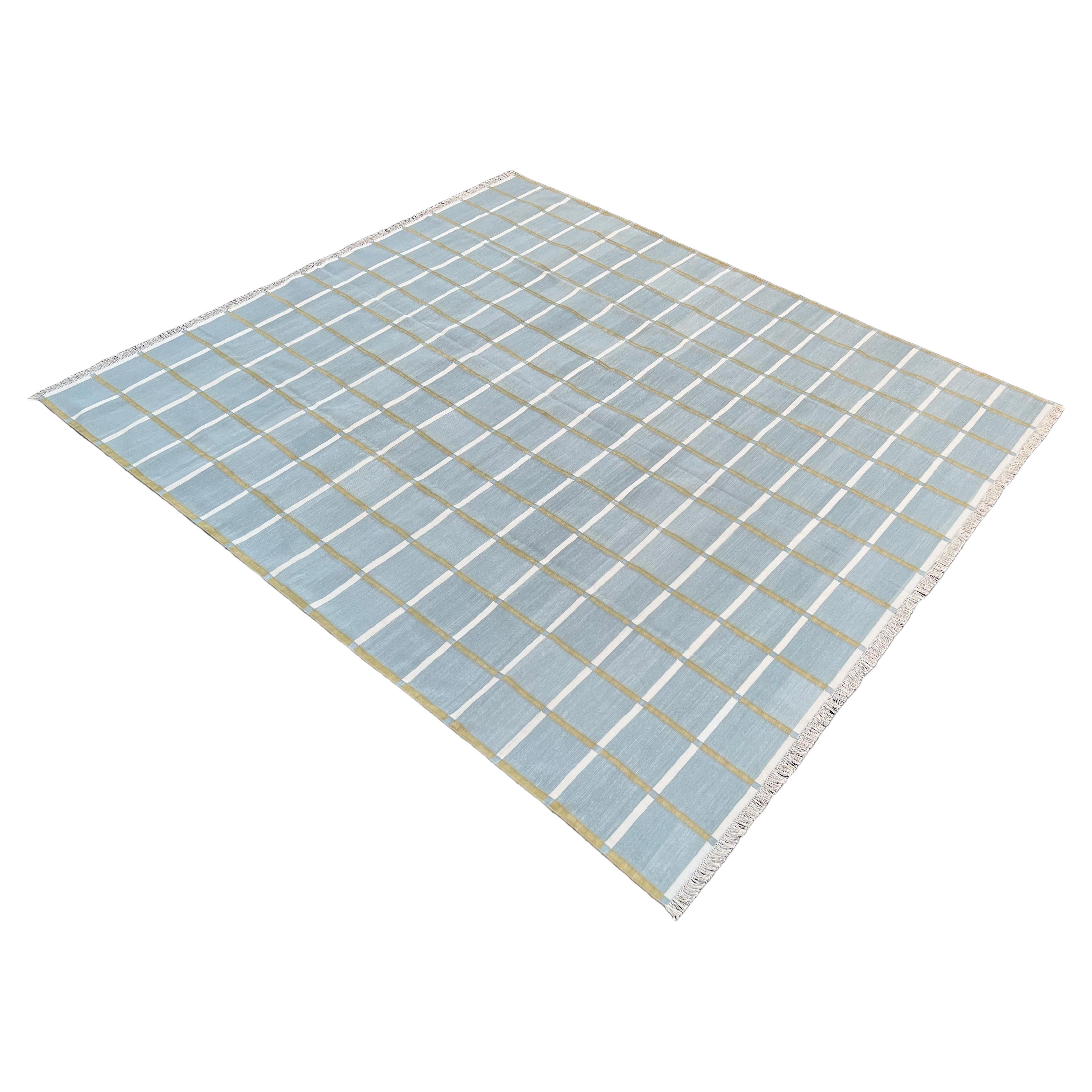 Handgefertigter Flachgewebe-Teppich aus Baumwolle, 9x12 Grau, Grün Windowpane Check Indischer Dhurrie