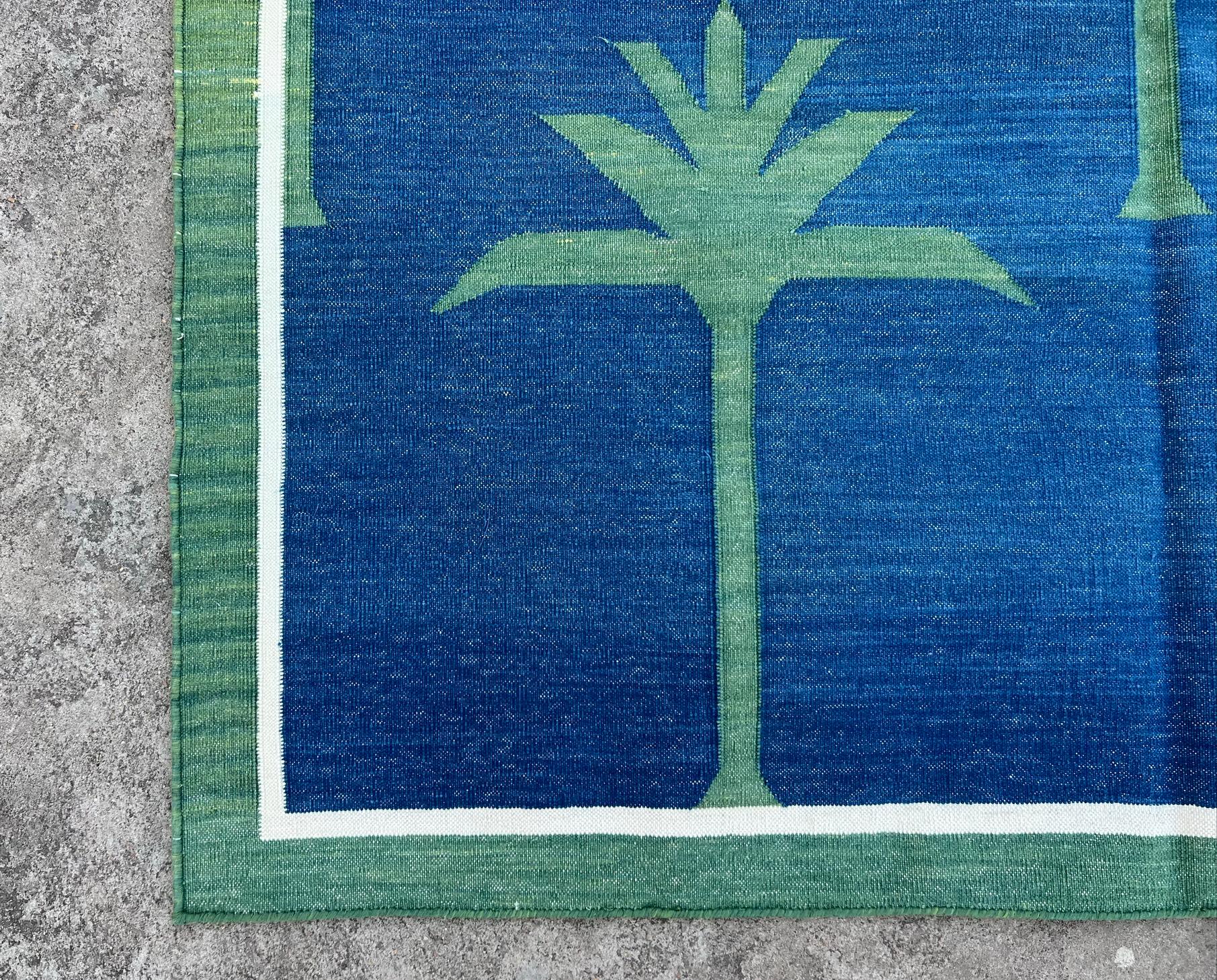 Handmade Cotton Area Flat Weave Rug, Indigo Blue, Green Palm Tree Indian Dhurrie For Sale 4