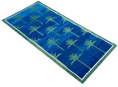 Handmade Cotton Area Flat Weave Rug, Indigo Blue, Green Palm Tree Indian Dhurrie