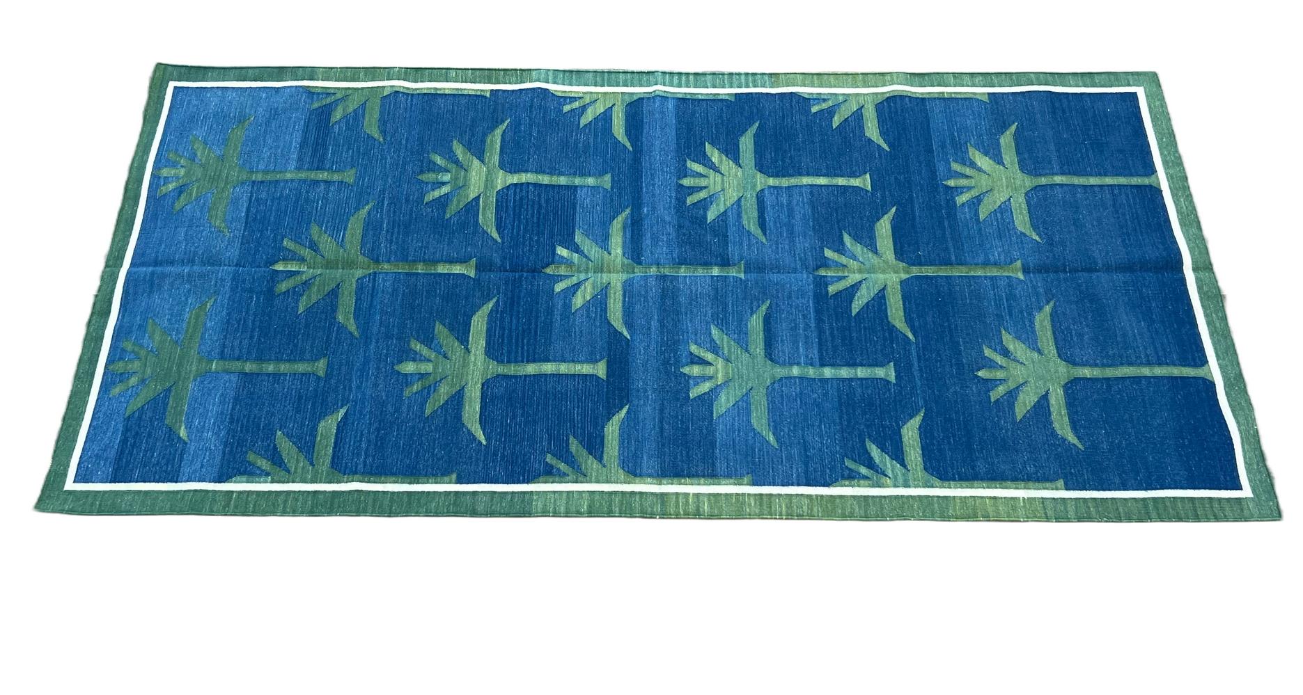 Mid-Century Modern Handmade Cotton Area Flat Weave Rug, Indigo Blue, Green Palm Tree Indian Dhurrie For Sale