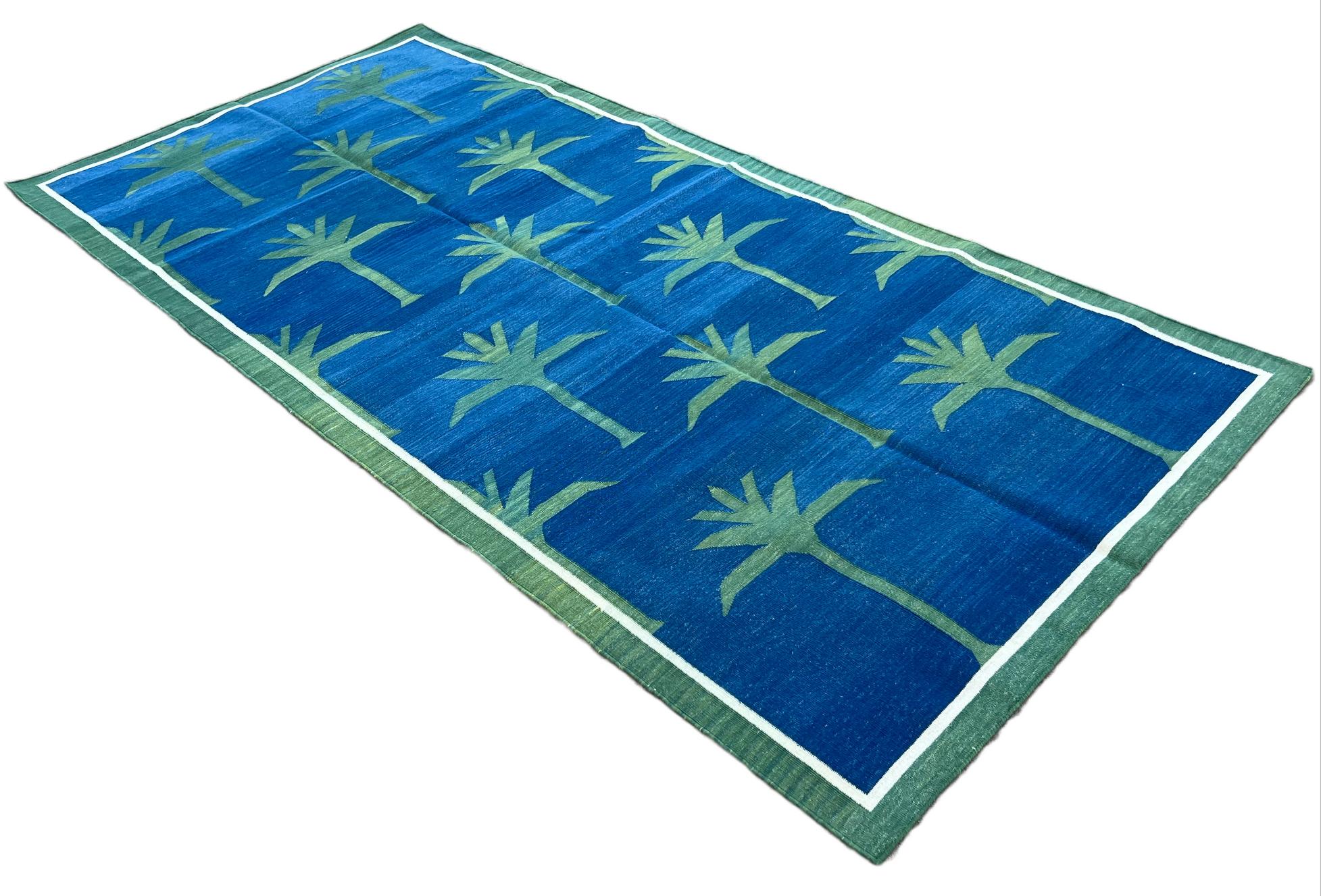 Hand-Woven Handmade Cotton Area Flat Weave Rug, Indigo Blue, Green Palm Tree Indian Dhurrie For Sale