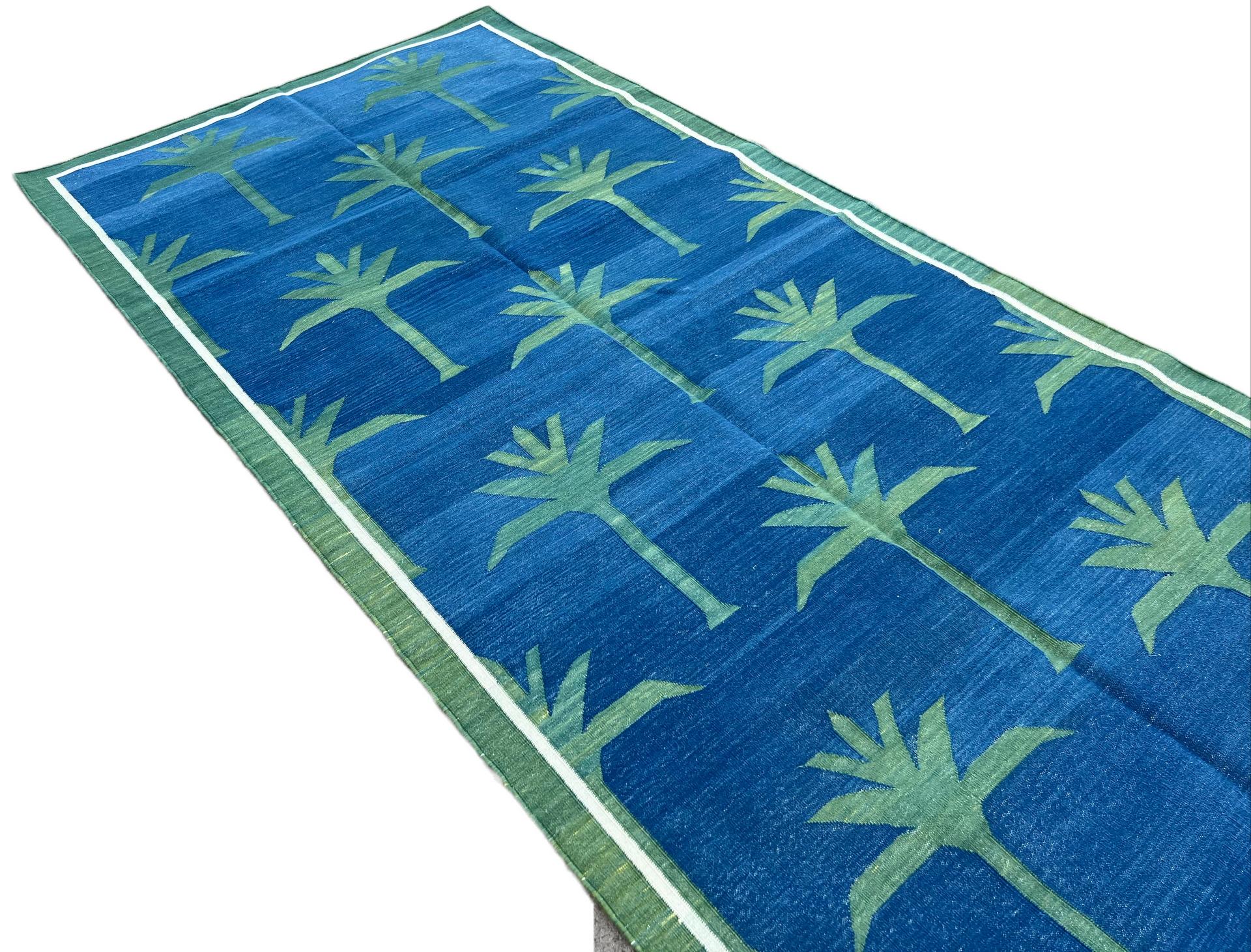 Contemporary Handmade Cotton Area Flat Weave Rug, Indigo Blue, Green Palm Tree Indian Dhurrie For Sale