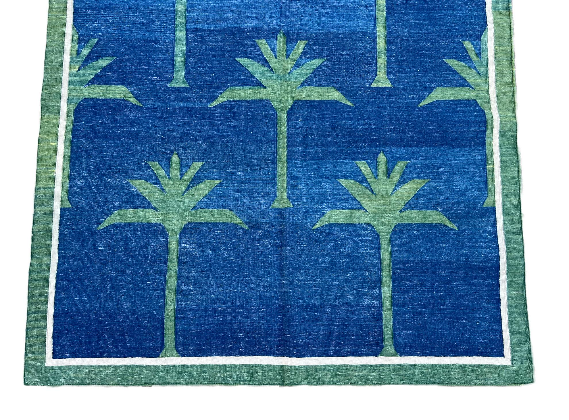 Handmade Cotton Area Flat Weave Rug, Indigo Blue, Green Palm Tree Indian Dhurrie For Sale 2