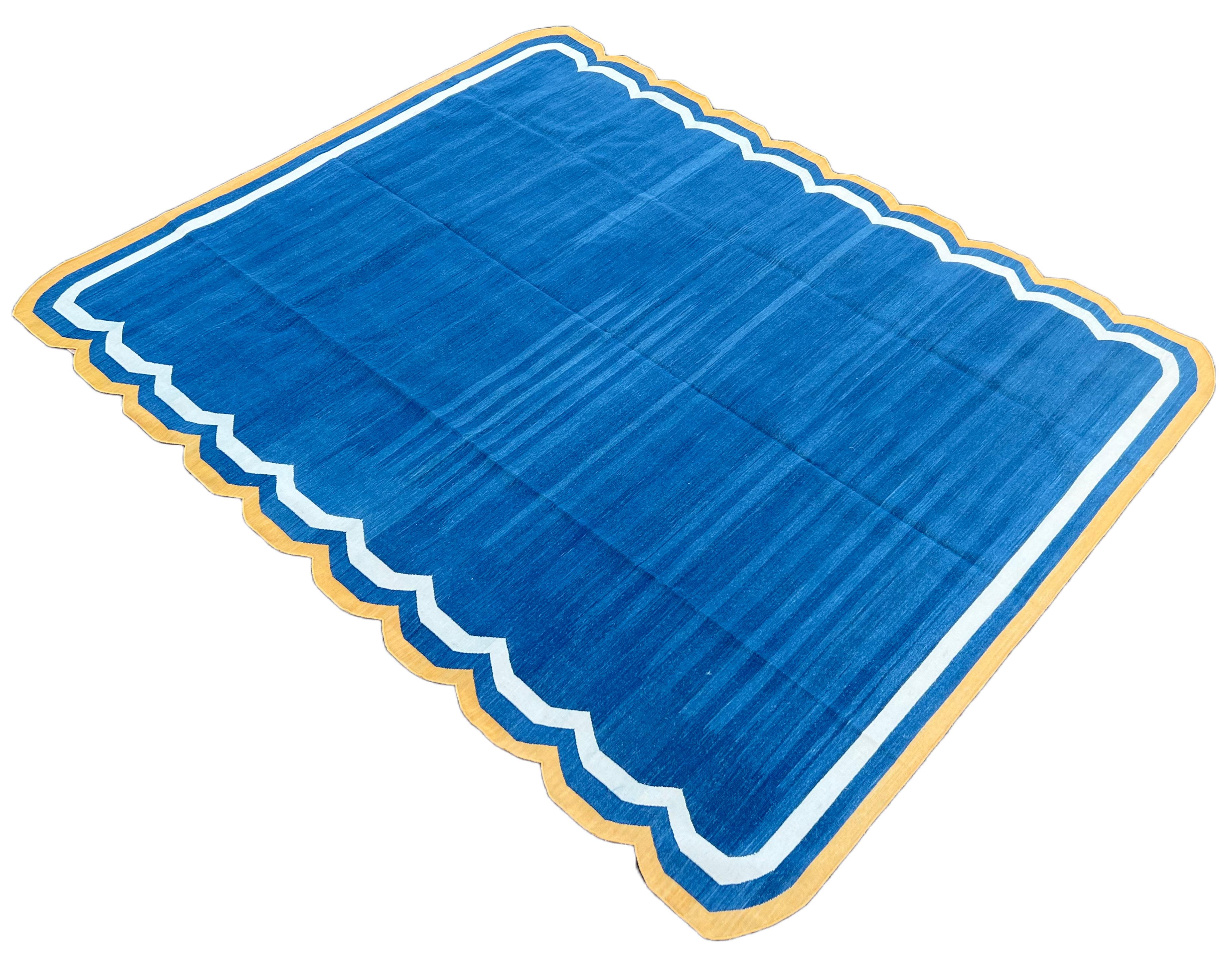 Handmade Cotton Area Flat Weave Rug, Indigo Blue & Yellow Scallop Indian Dhurrie For Sale 4