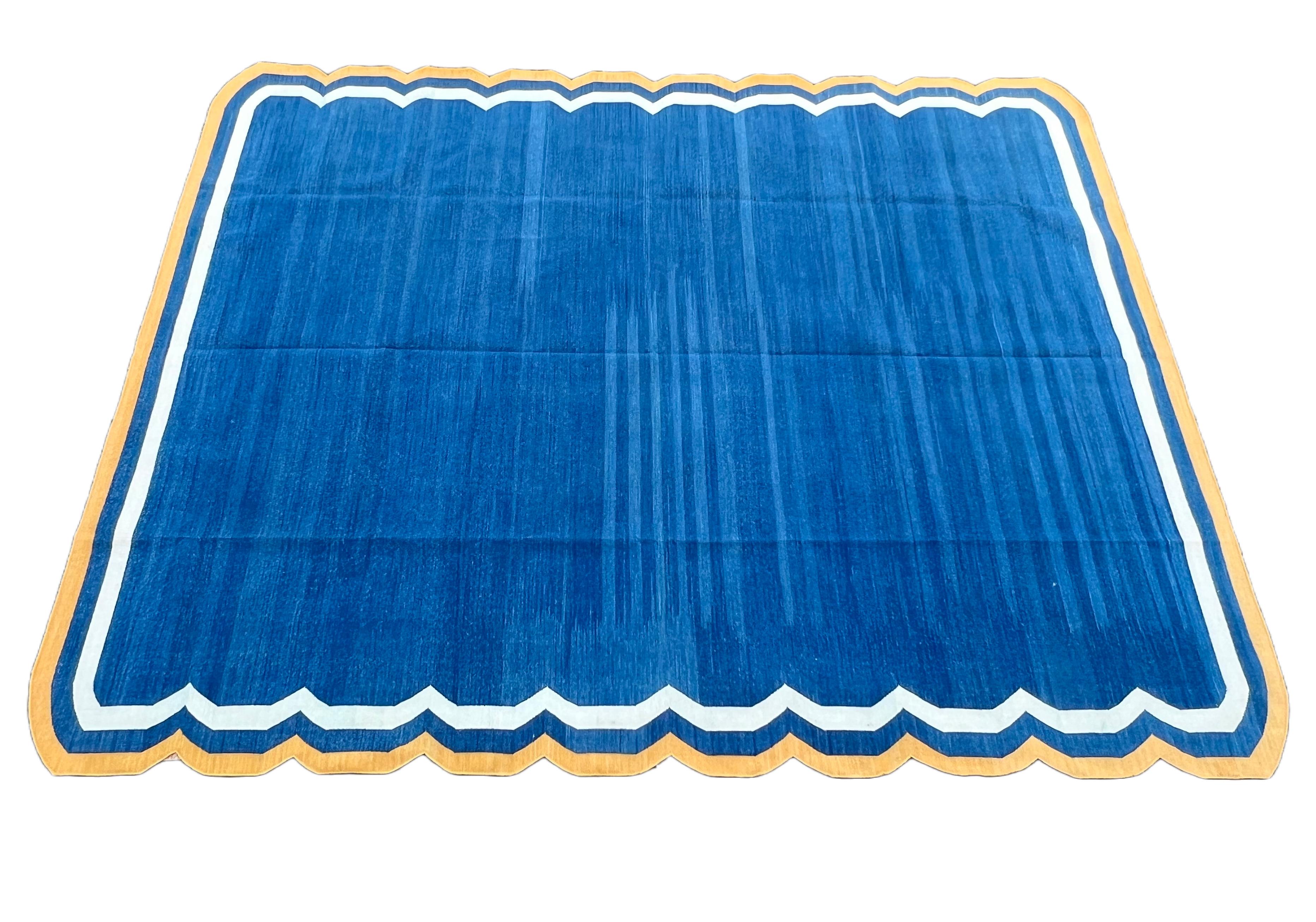 Handmade Cotton Area Flat Weave Rug, Indigo Blue & Yellow Scallop Indian Dhurrie For Sale 5