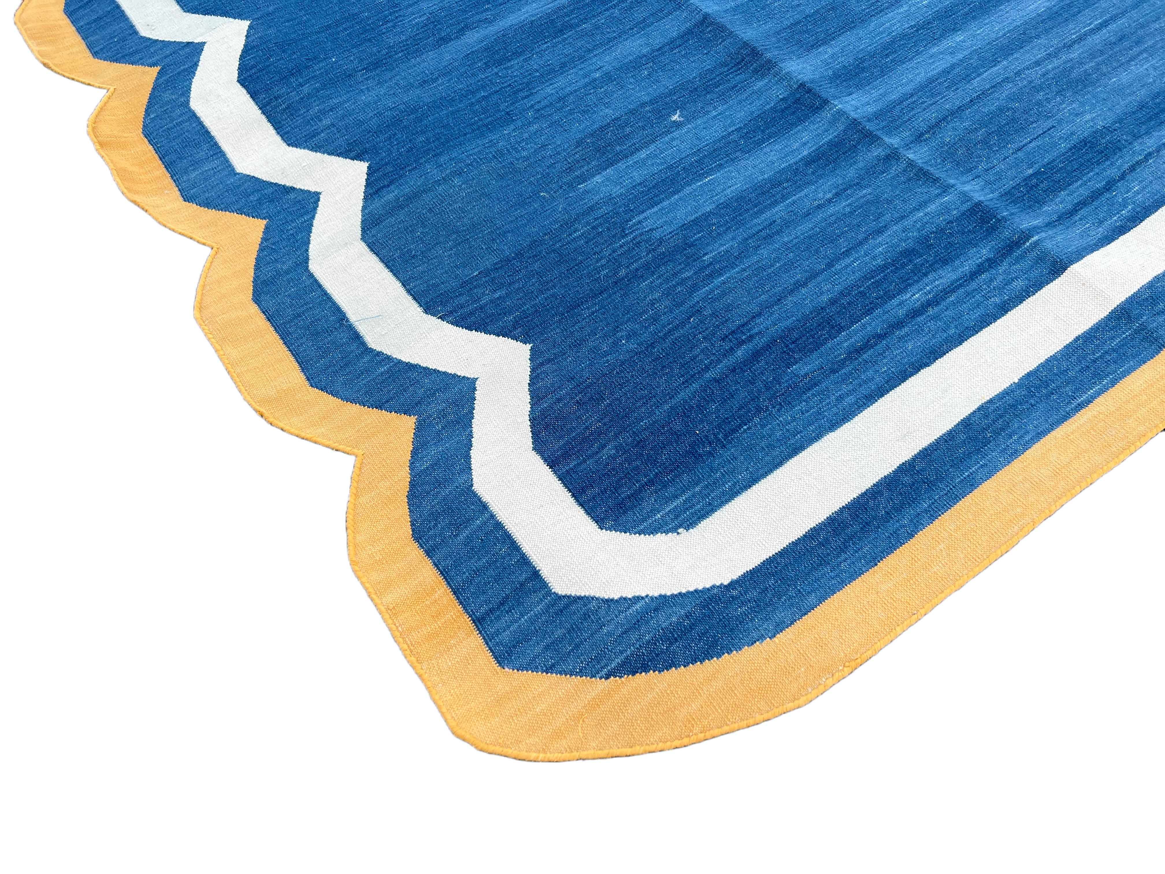 Arts and Crafts Handmade Cotton Area Flat Weave Rug, Indigo Blue & Yellow Scallop Indian Dhurrie For Sale