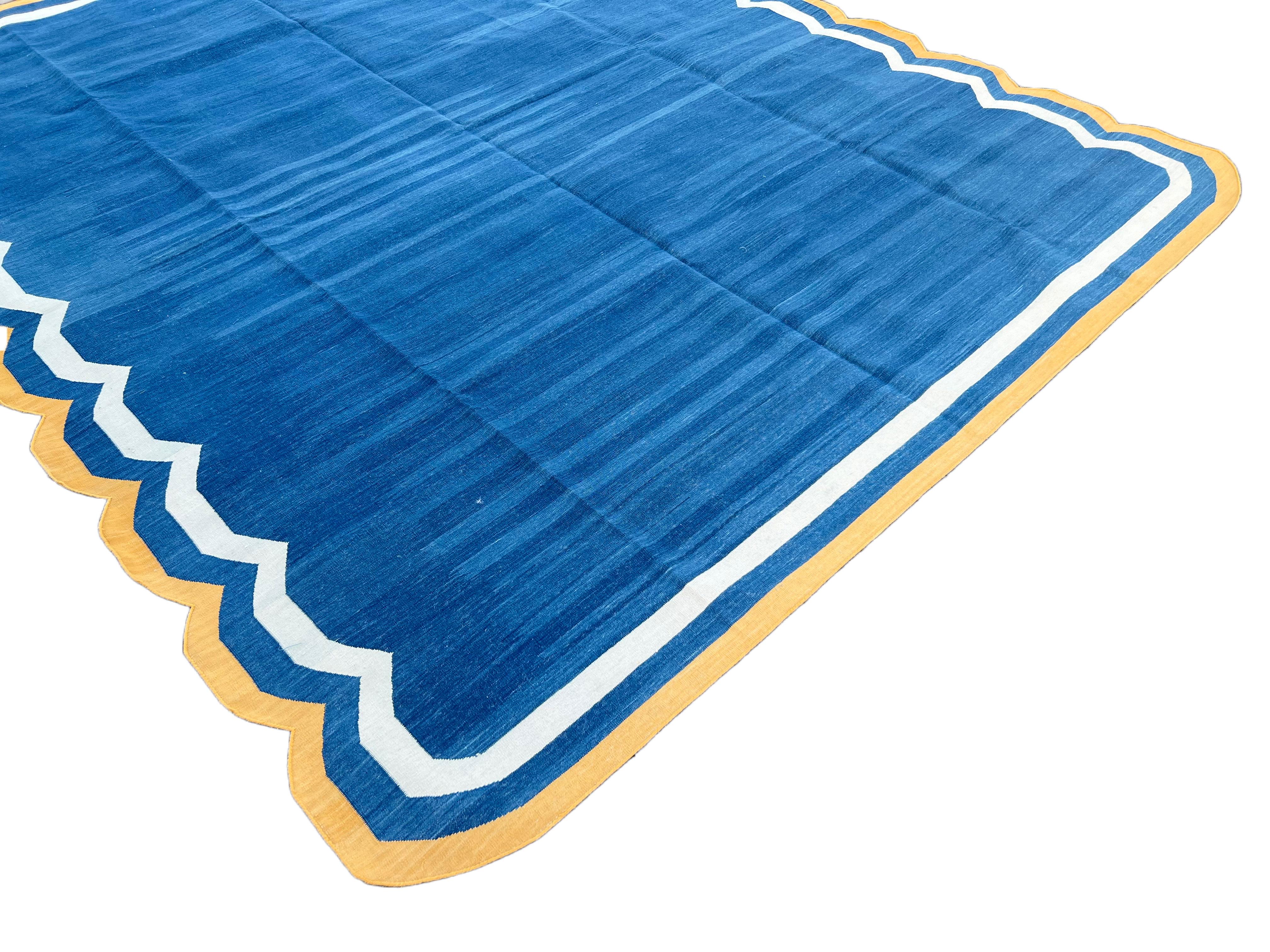 Hand-Woven Handmade Cotton Area Flat Weave Rug, Indigo Blue & Yellow Scallop Indian Dhurrie For Sale