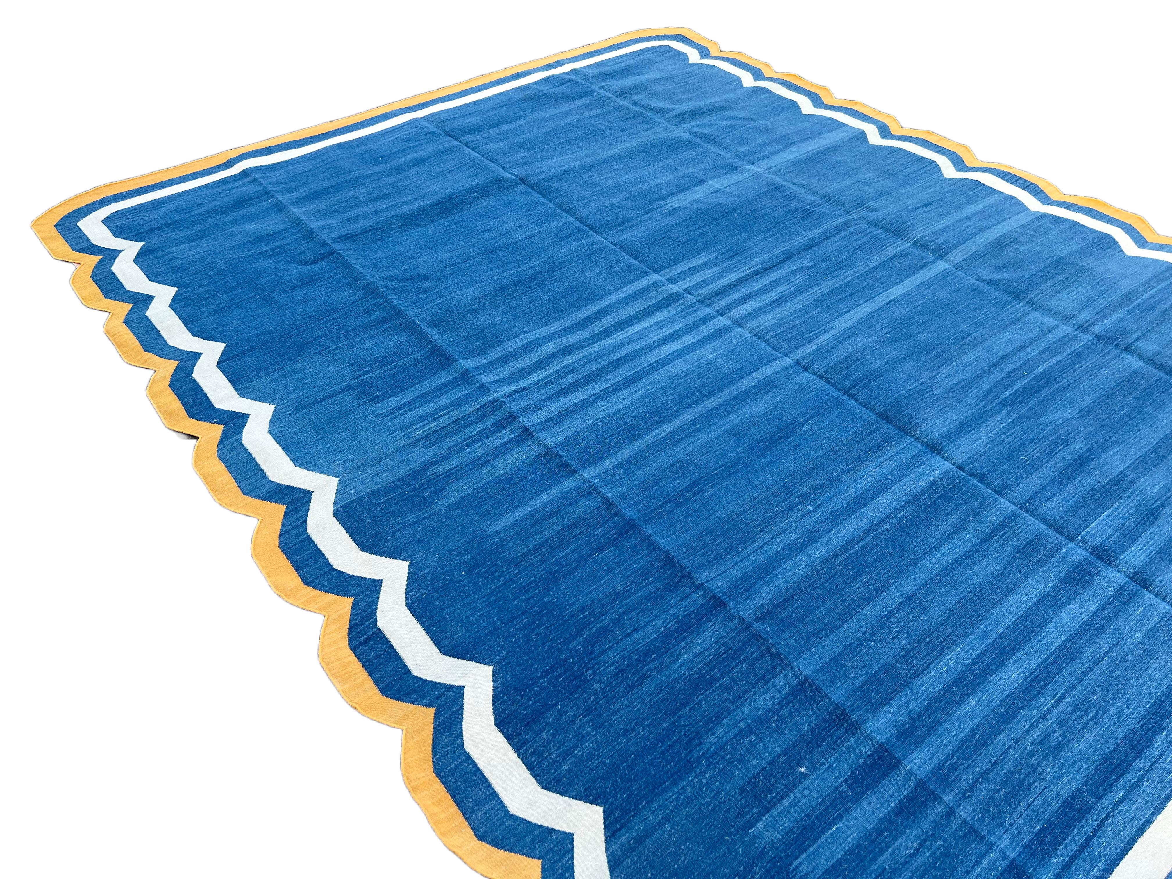 Handmade Cotton Area Flat Weave Rug, Indigo Blue & Yellow Scallop Indian Dhurrie For Sale 1