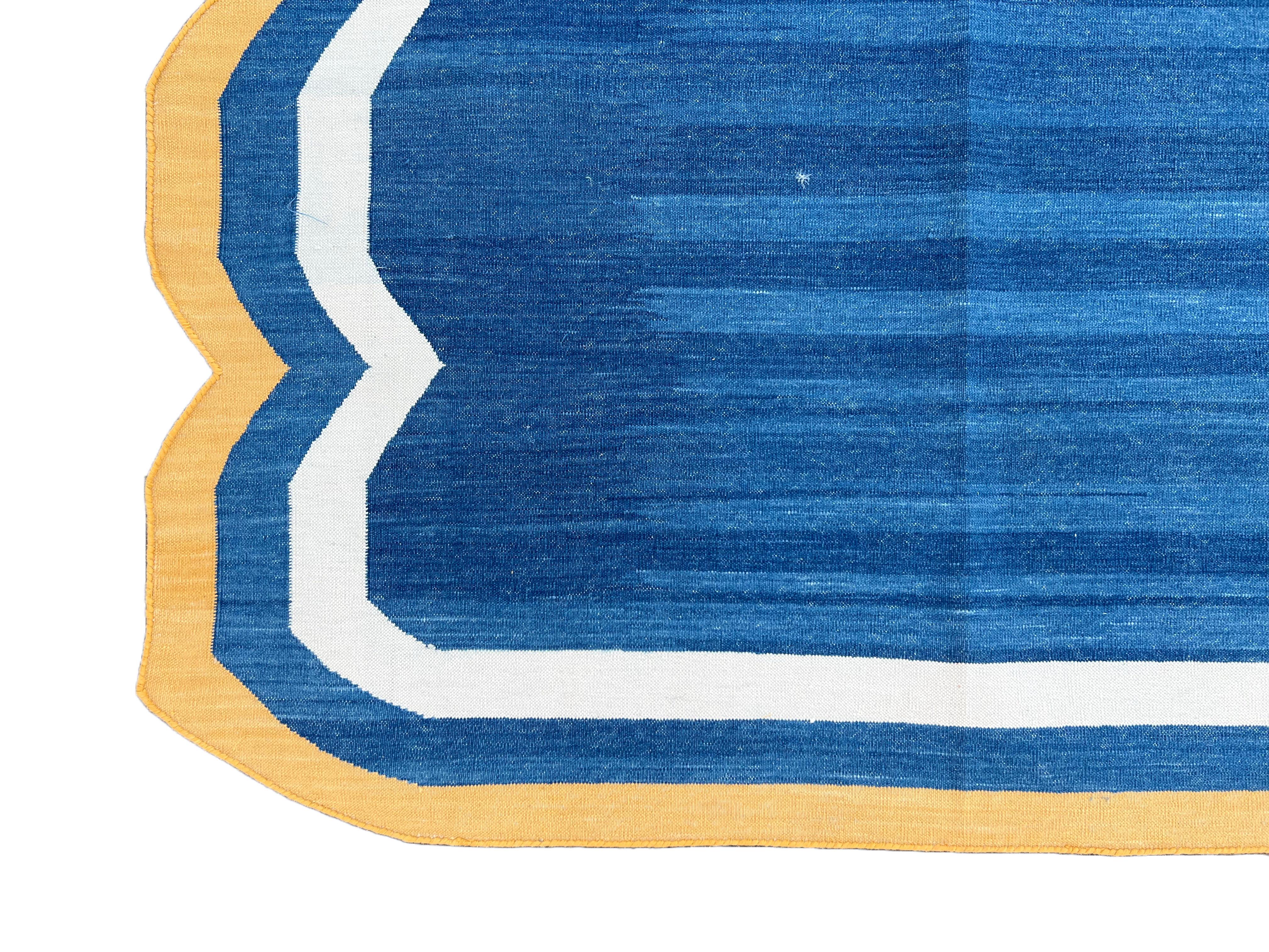 Handmade Cotton Area Flat Weave Rug, Indigo Blue & Yellow Scallop Indian Dhurrie For Sale 2