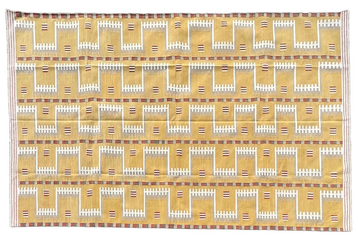 Handmade Cotton Area Flat Weave Rug, Mustard And Beige Geometric Indian Dhurrie For Sale 7