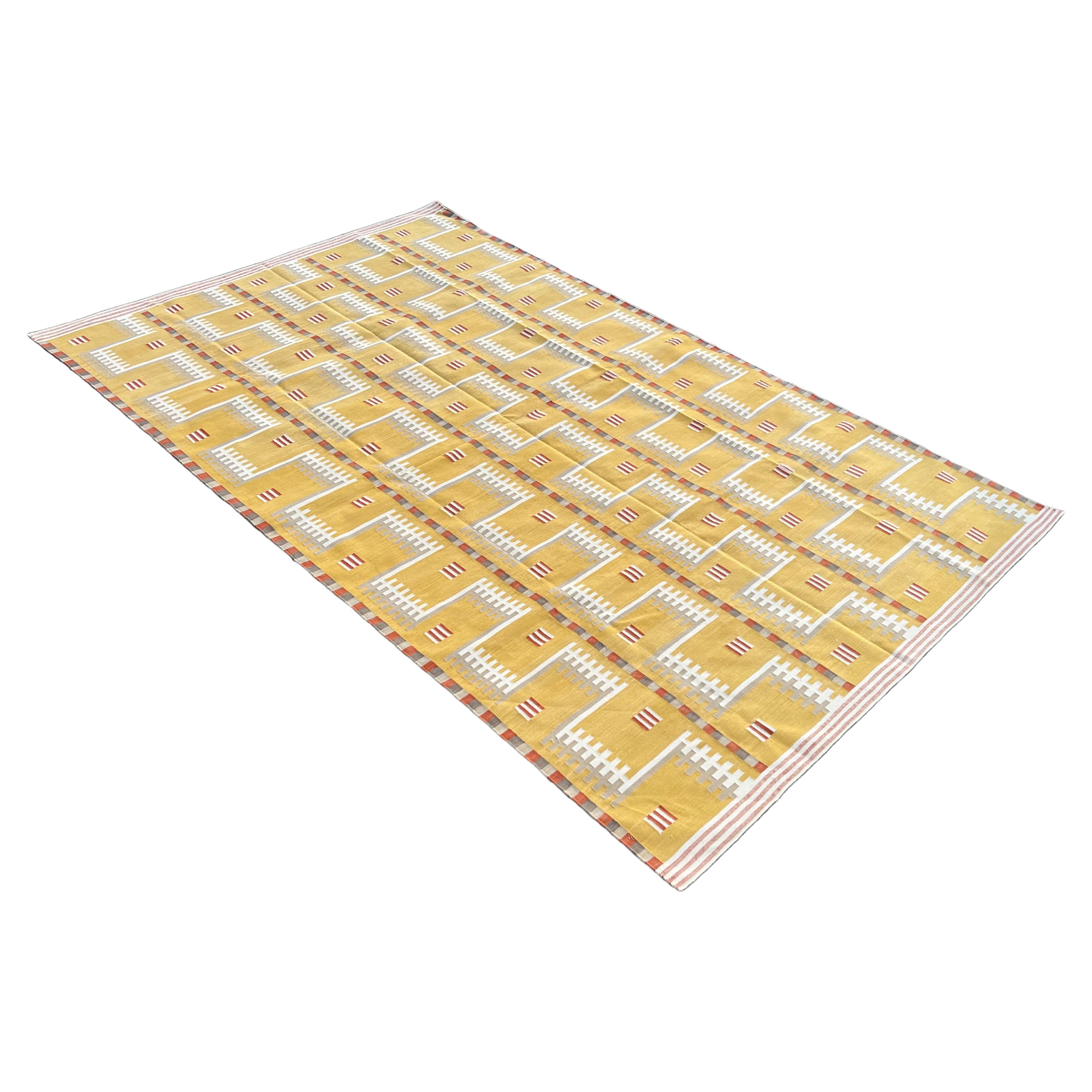 Mid-Century Modern Handmade Cotton Area Flat Weave Rug, Mustard And Beige Geometric Indian Dhurrie For Sale
