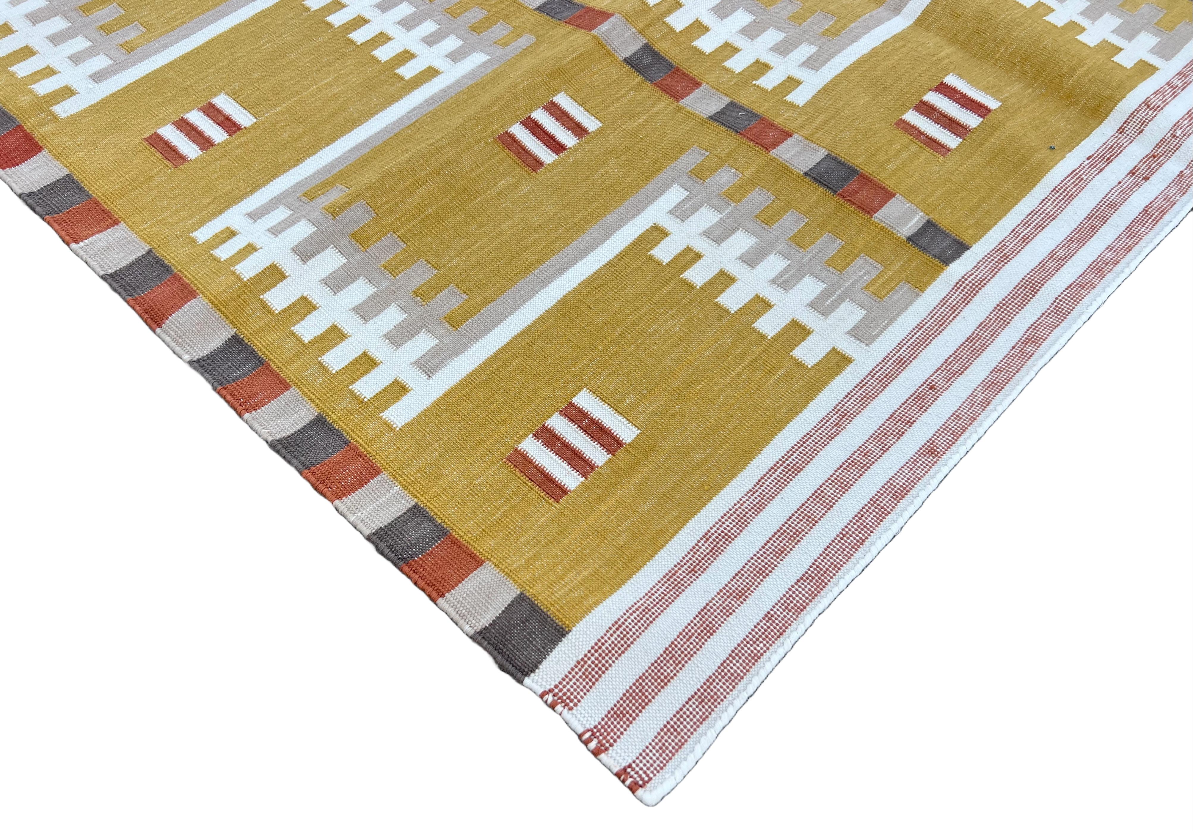 Mid-Century Modern Handmade Cotton Area Flat Weave Rug, Mustard And Beige Geometric Indian Dhurrie For Sale