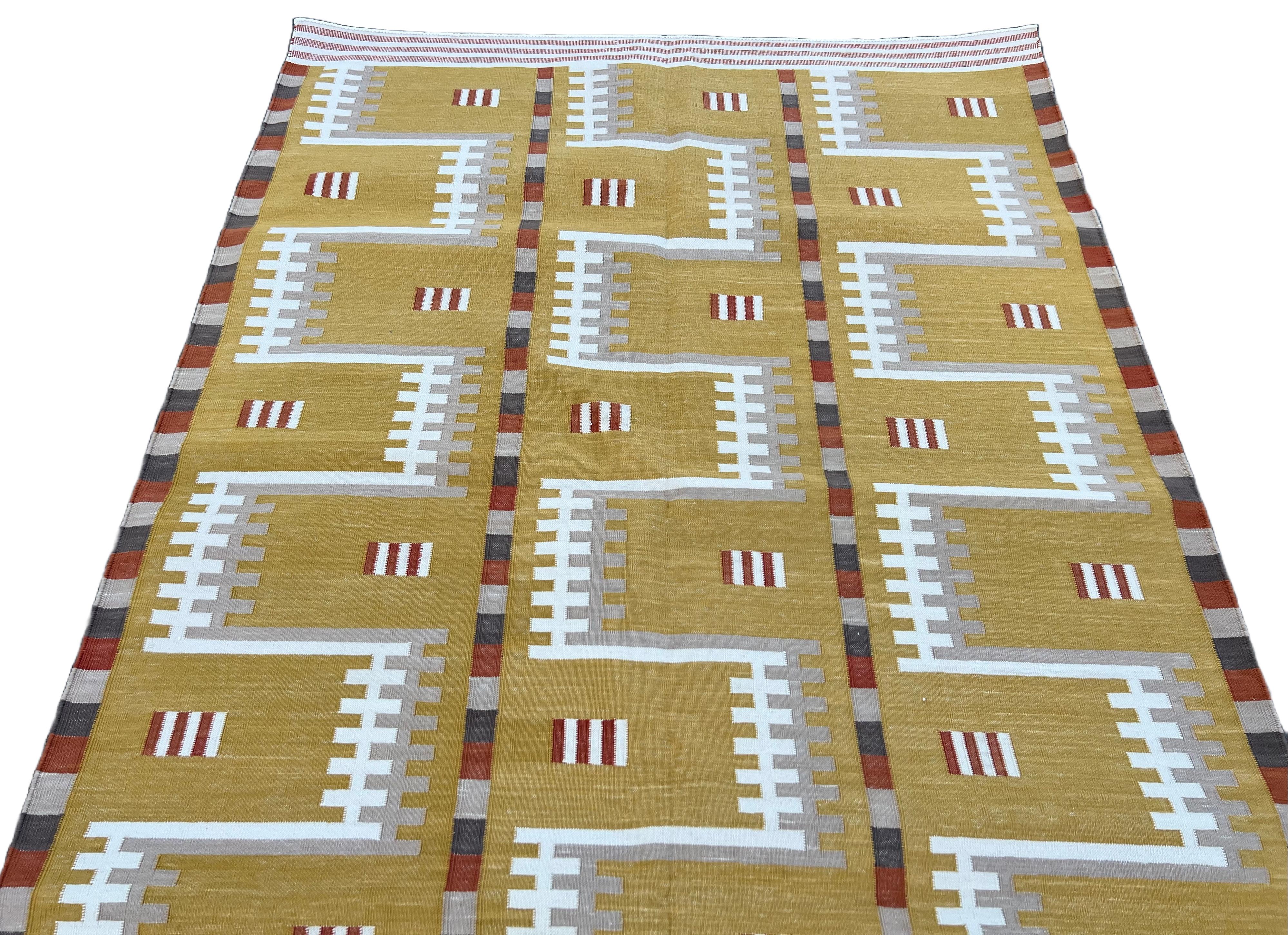 Handmade Cotton Area Flat Weave Rug, Mustard And Beige Geometric Indian Dhurrie For Sale 1