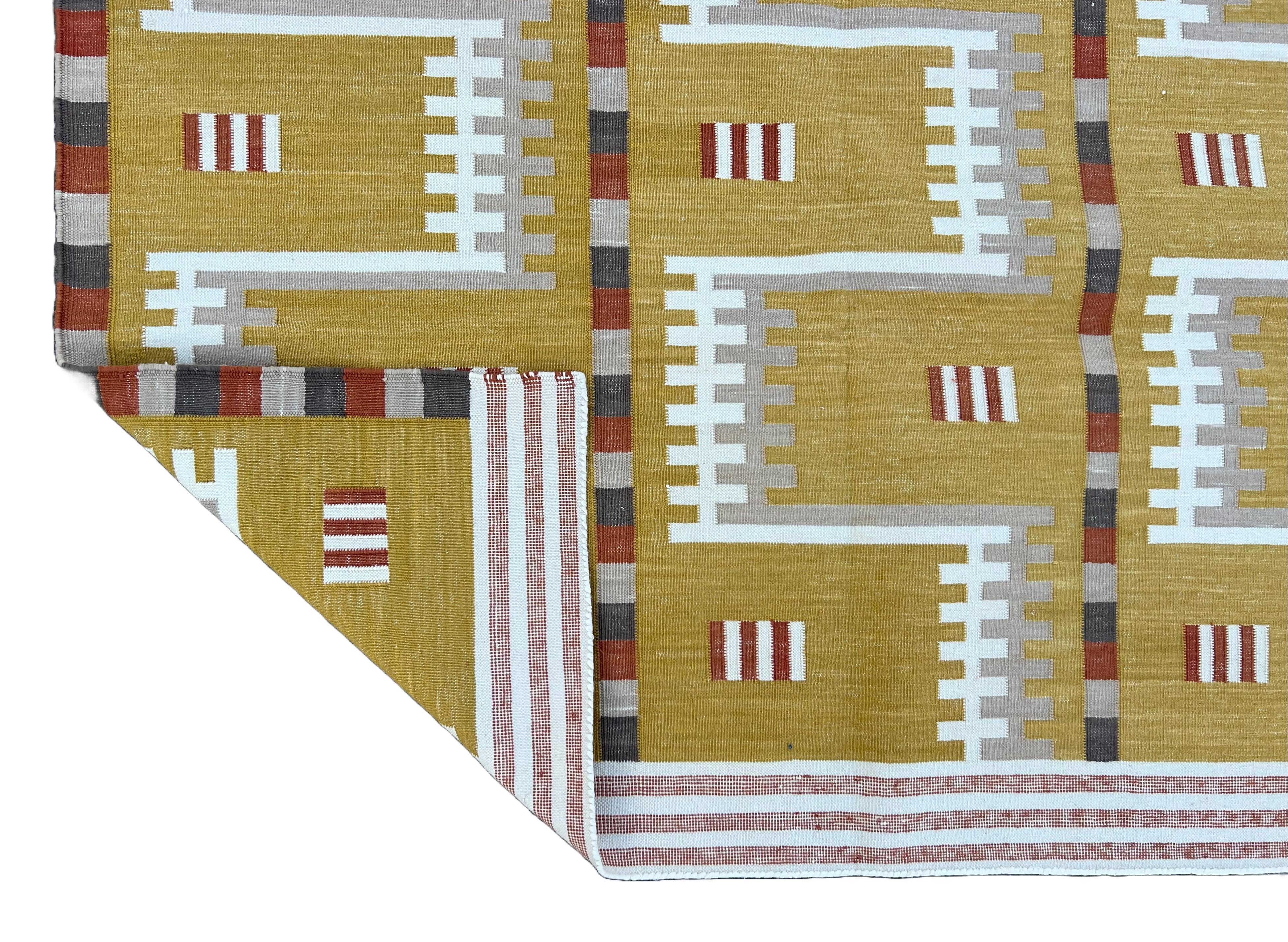Handmade Cotton Area Flat Weave Rug, Mustard And Beige Geometric Indian Dhurrie For Sale 3
