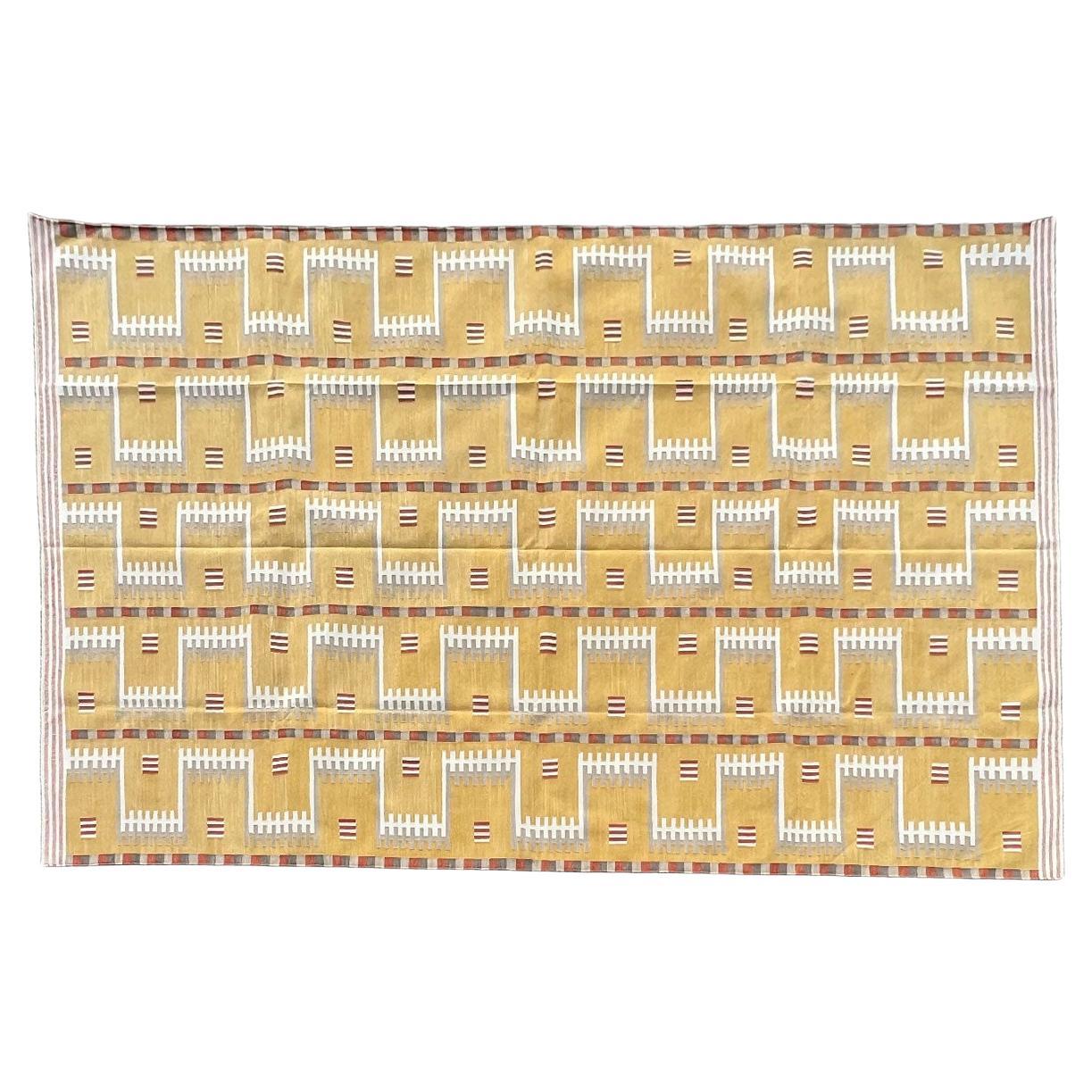 Handmade Cotton Area Flat Weave Rug, Mustard And Beige Geometric Indian Dhurrie For Sale