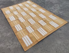 Handmade Cotton Area Flat Weave Rug, Mustard & White Striped Indian Dhurrie Rug