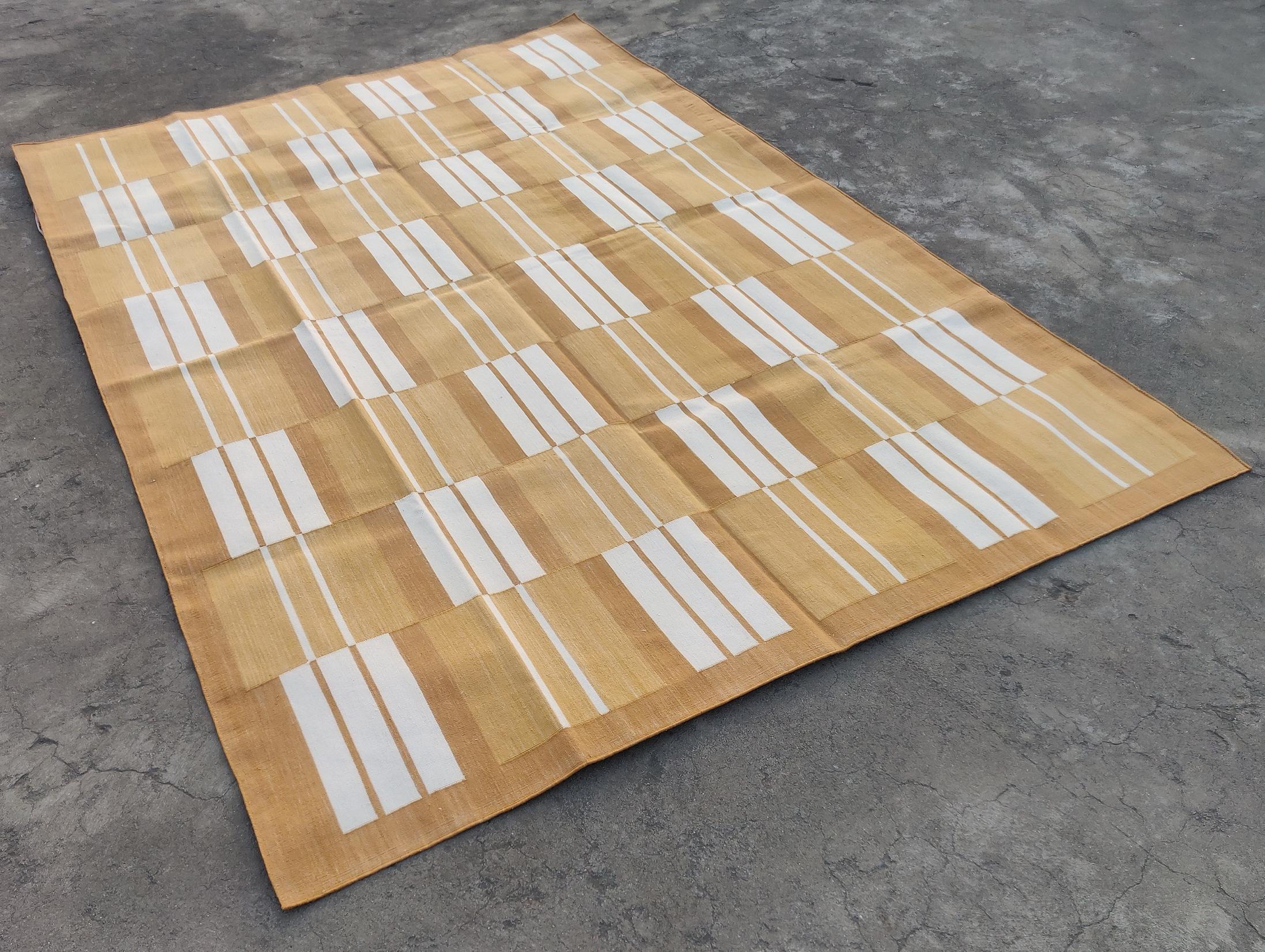 Mid-Century Modern Handmade Cotton Area Flat Weave Rug, Mustard & White Striped Indian Dhurrie Rug For Sale
