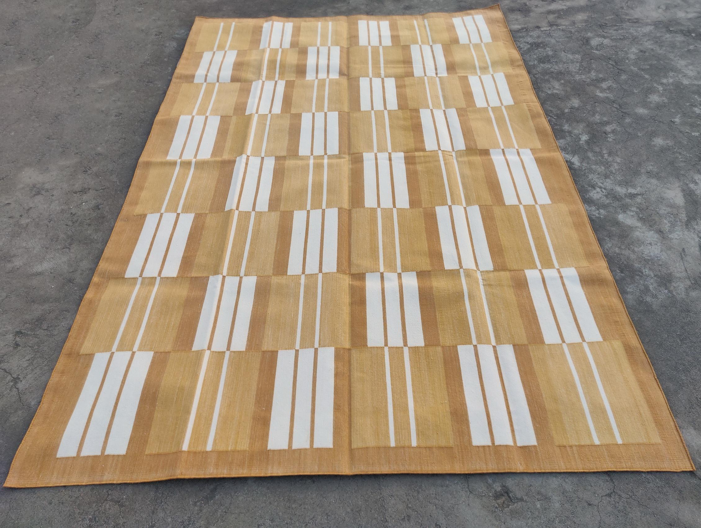 Hand-Woven Handmade Cotton Area Flat Weave Rug, Mustard & White Striped Indian Dhurrie Rug For Sale