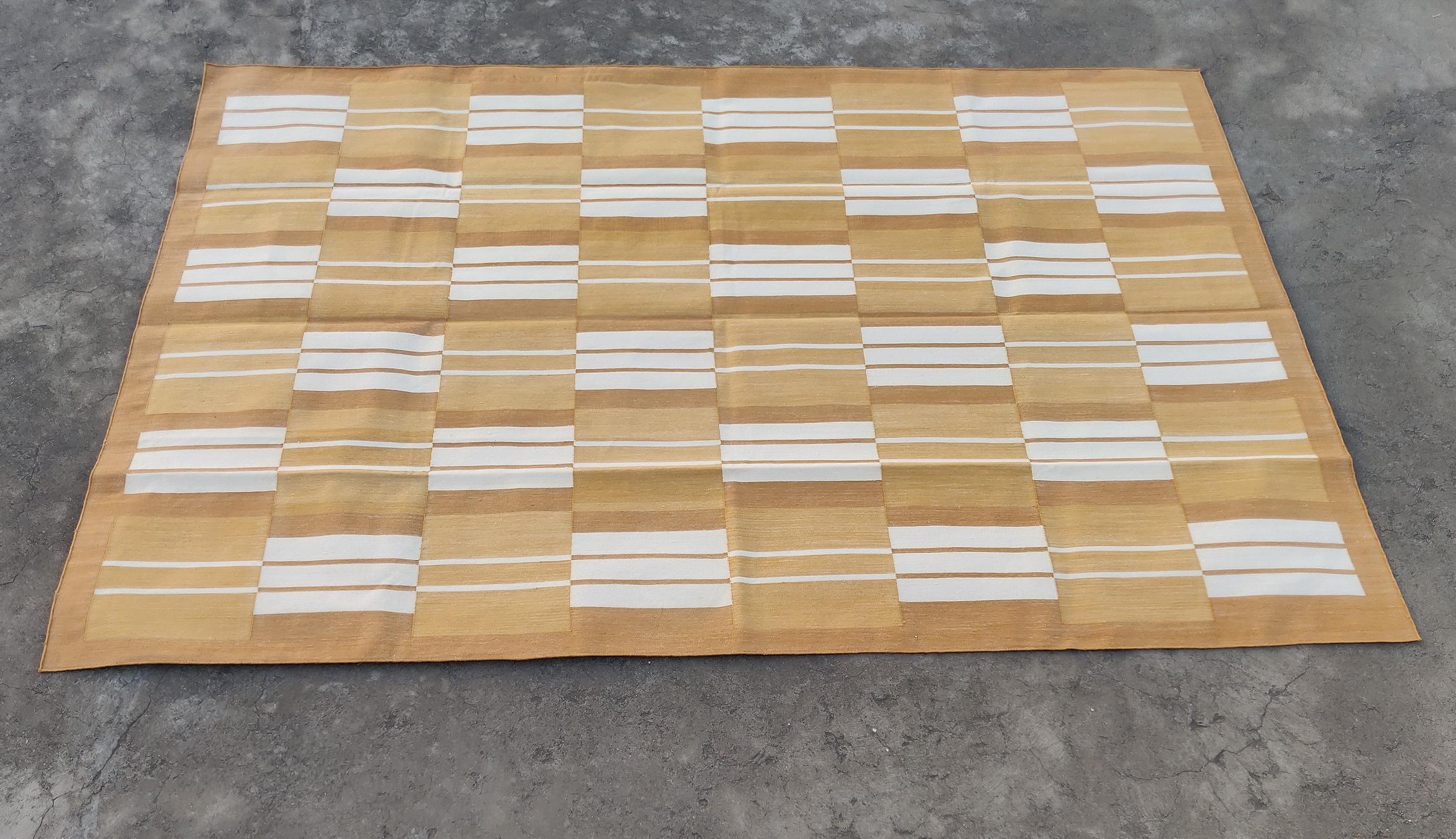 Handmade Cotton Area Flat Weave Rug, Mustard & White Striped Indian Dhurrie Rug For Sale 3