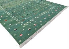 Handmade Cotton Area Flat Weave Rug, Green & White Indian Shooting Star Dhurrie