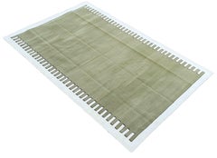 Handmade Cotton Area Flat Weave Rug, Olive Green & Cream Zig Zag Striped Dhurrie