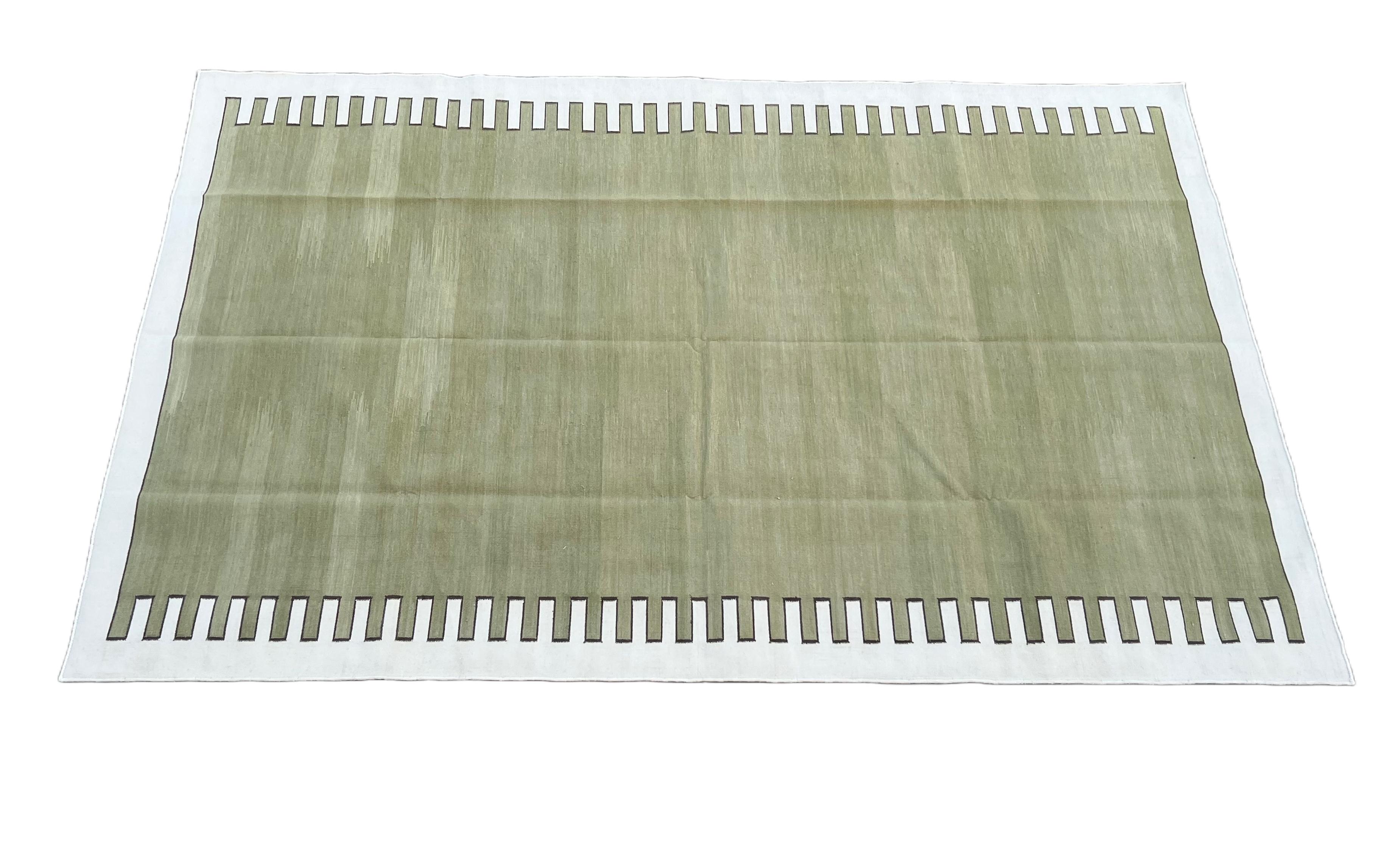 Mid-Century Modern Handmade Cotton Area Flat Weave Rug, Olive Green & Cream Zig Zag Striped Dhurrie For Sale