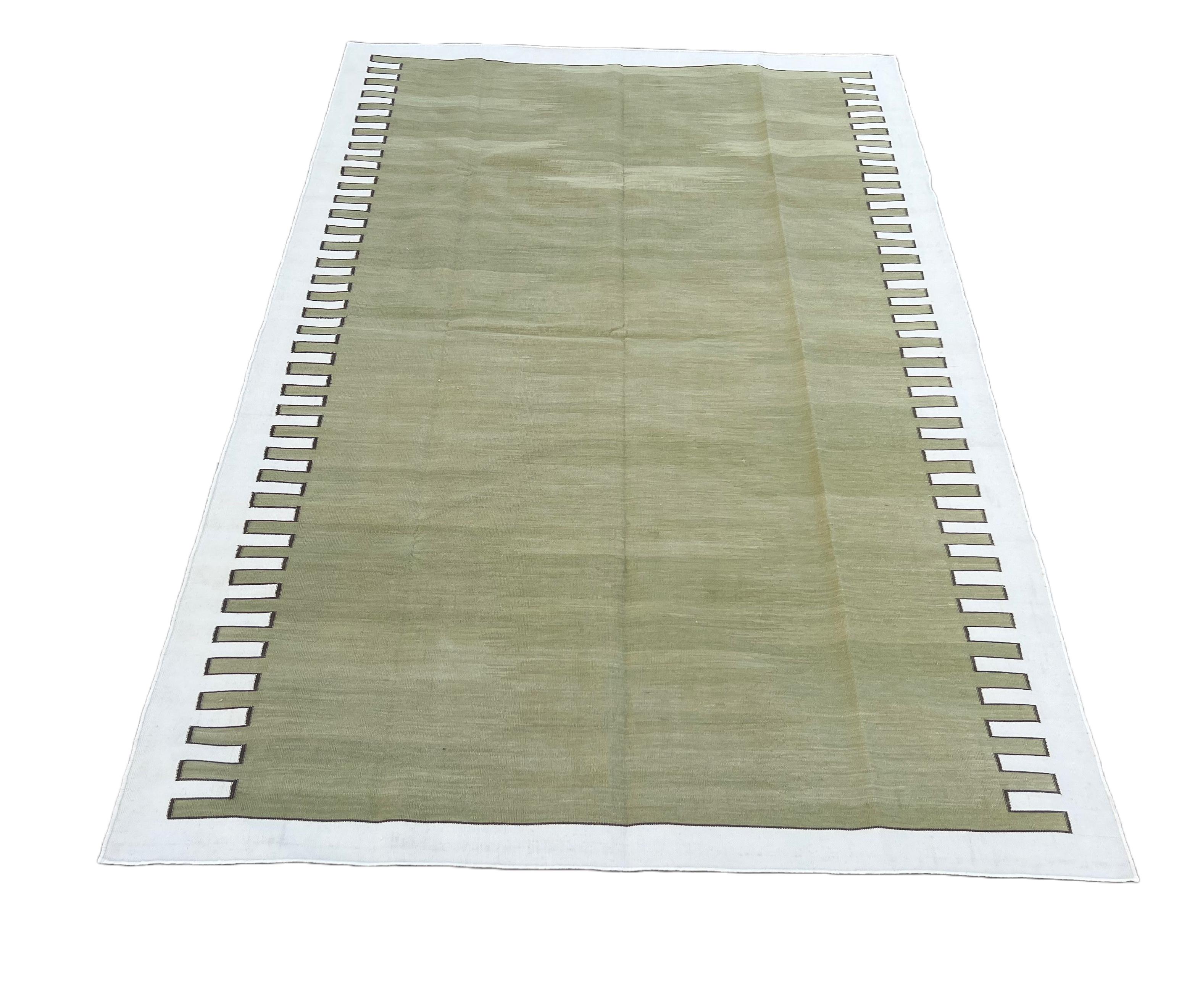 Indian Handmade Cotton Area Flat Weave Rug, Olive Green & Cream Zig Zag Striped Dhurrie For Sale