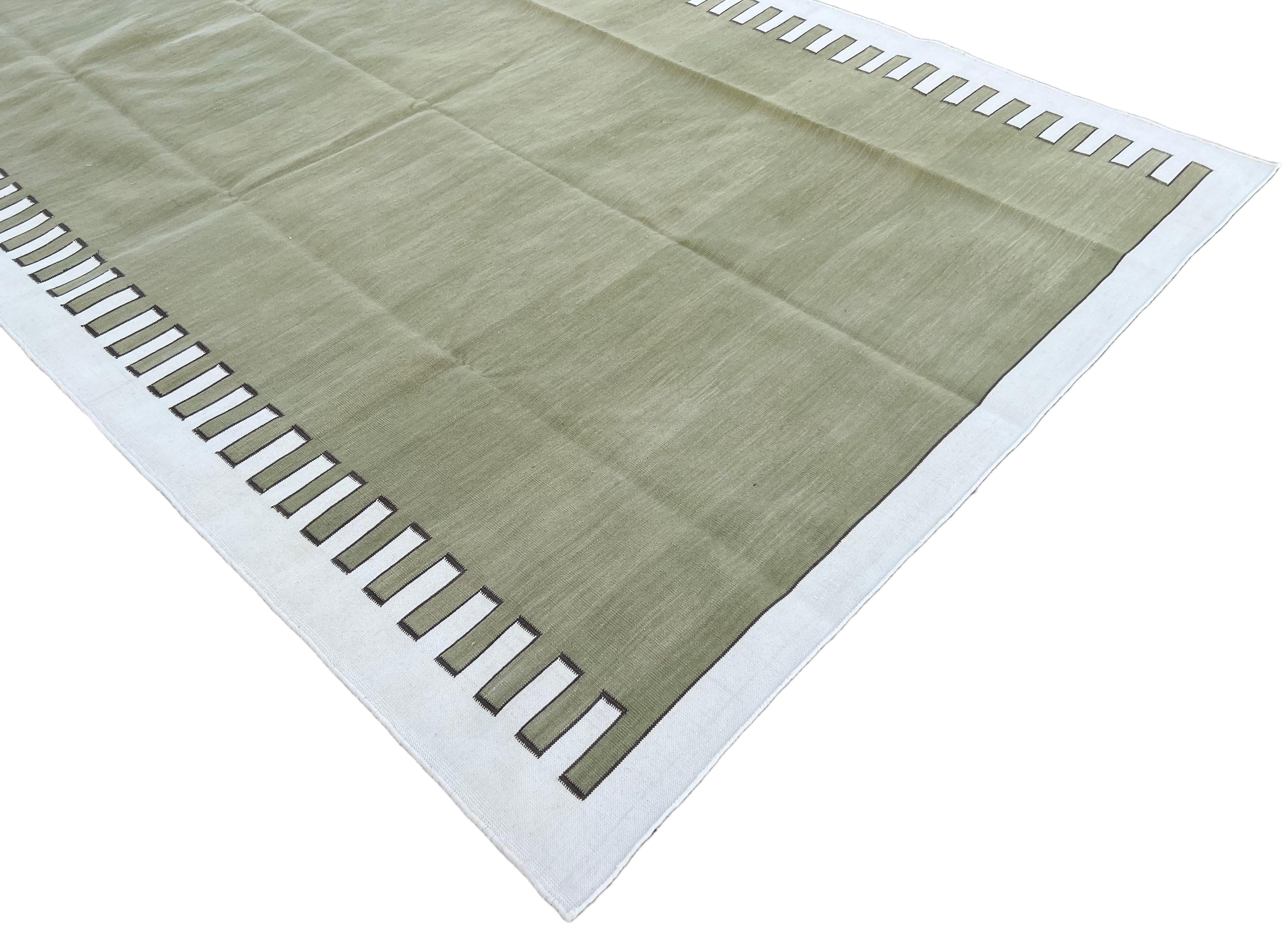 Hand-Woven Handmade Cotton Area Flat Weave Rug, Olive Green & Cream Zig Zag Striped Dhurrie For Sale