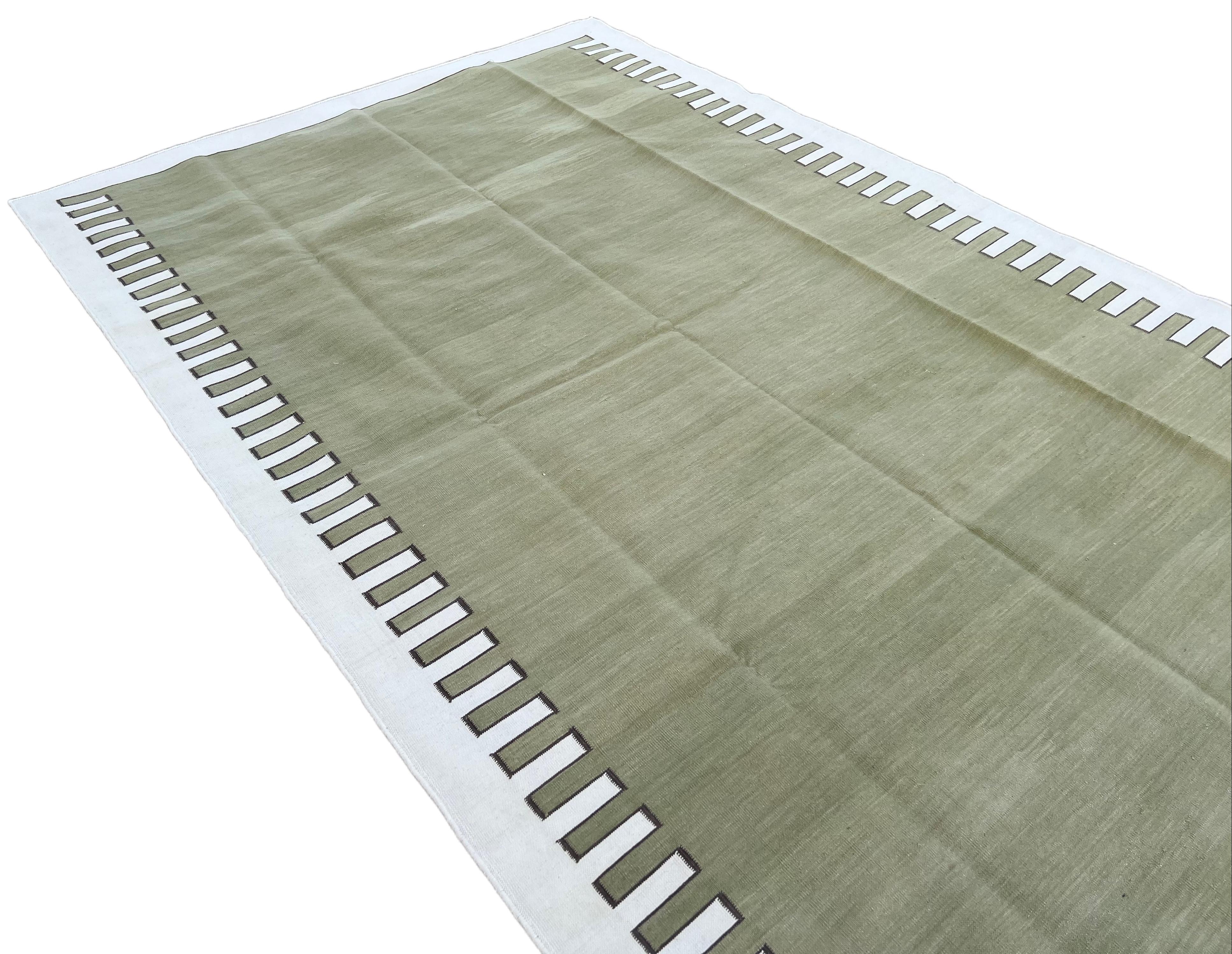 Contemporary Handmade Cotton Area Flat Weave Rug, Olive Green & Cream Zig Zag Striped Dhurrie For Sale