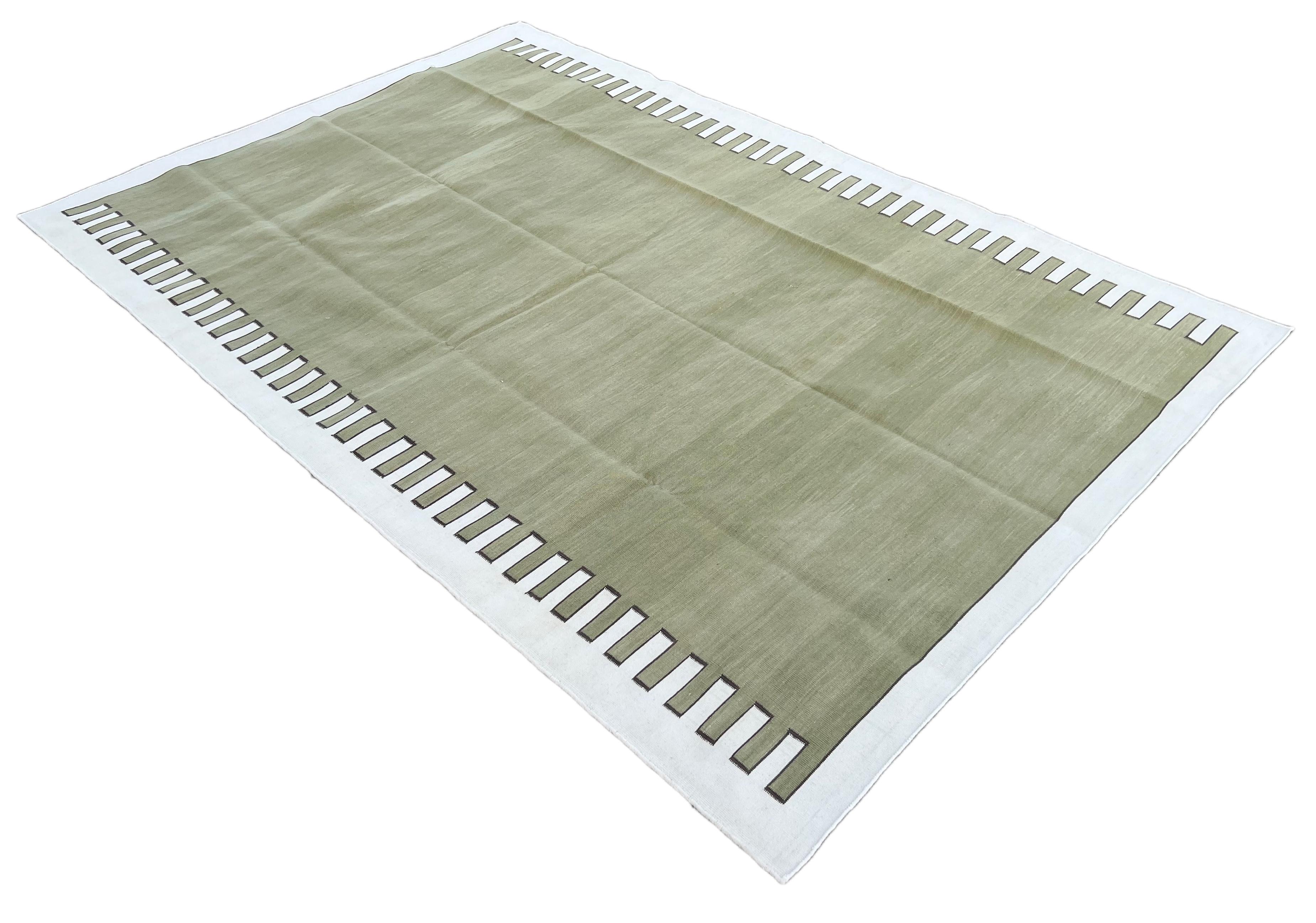 Handmade Cotton Area Flat Weave Rug, Olive Green & Cream Zig Zag Striped Dhurrie For Sale 1